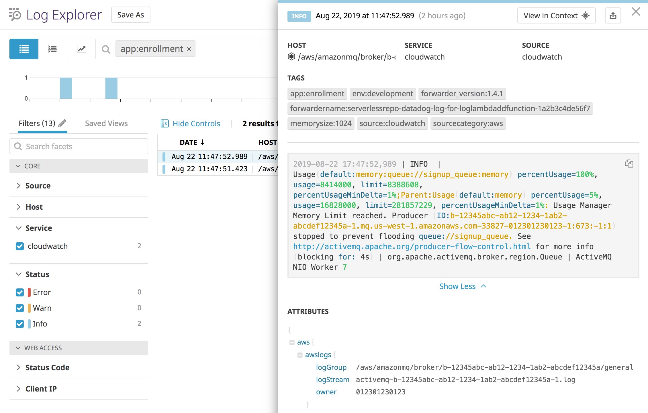 The Log Explorer shows the detail of a log that includes the string 'Memory Limit reached.' The Log Explorer shows the detail of a log that includes the string 'Memory Limit reached.'