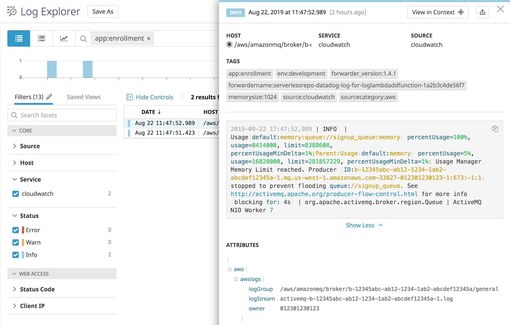The Log Explorer shows the detail of a log that includes the string 'Memory Limit reached.'