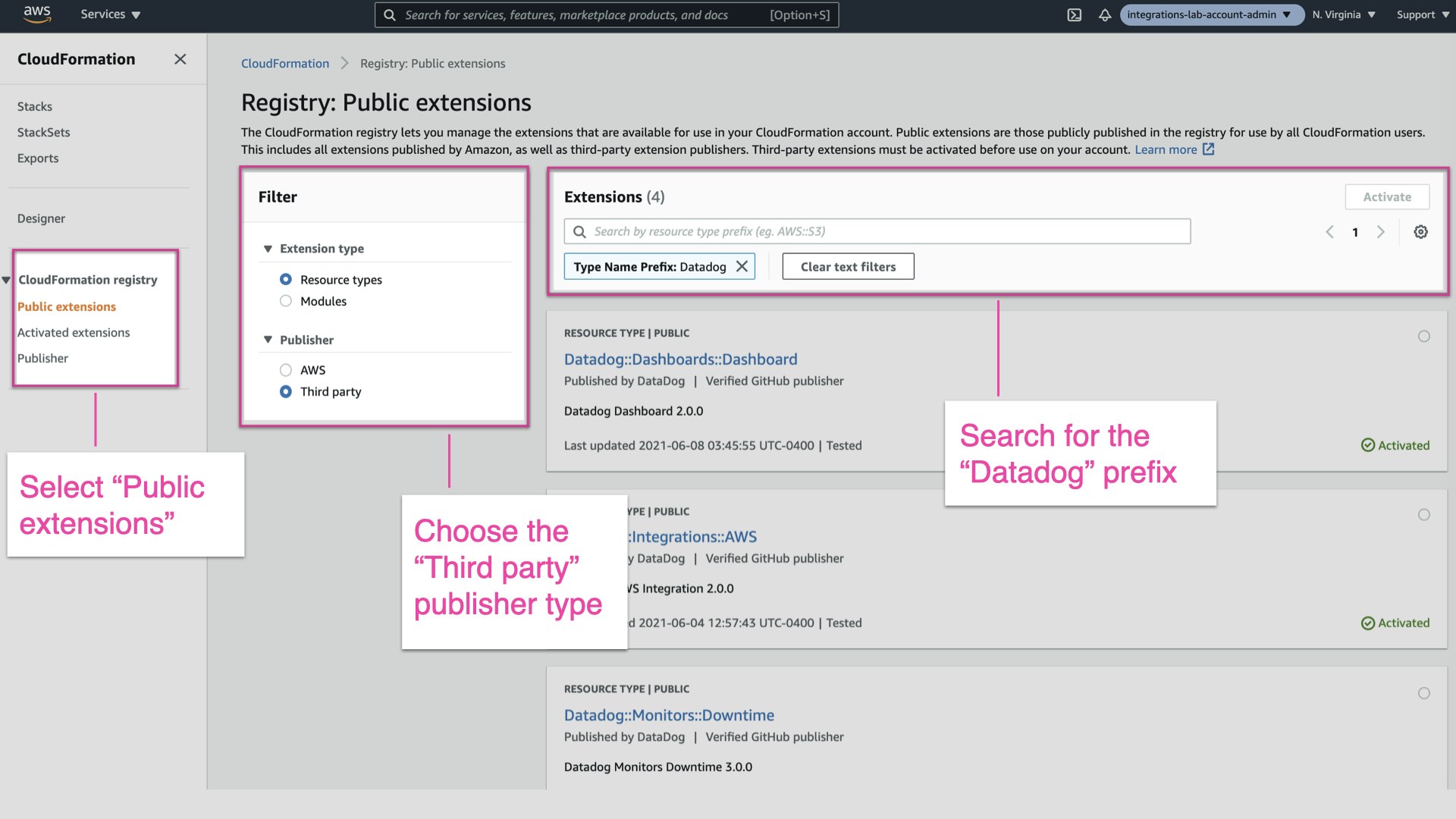 Add a Datadog resource via the CloudFormation UI Add a Datadog resource via the CloudFormation UI