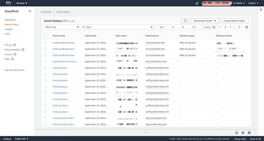 The CloudTrail event history window displays all of the events that occurred within your account over the last 90 days.