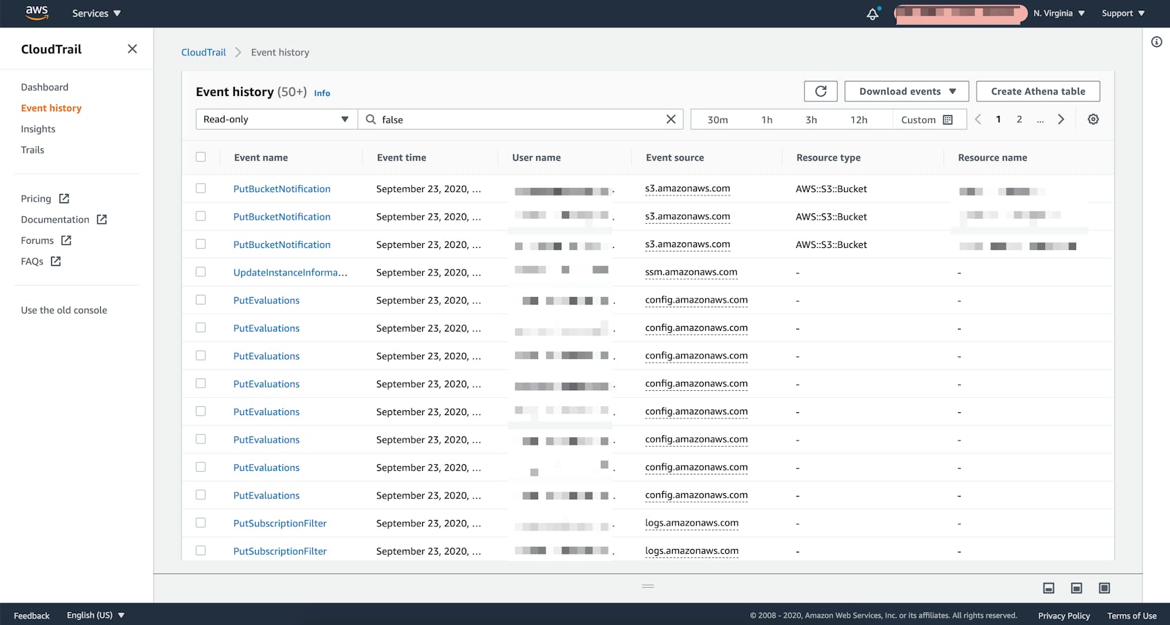 The CloudTrail event history window displays all of the events that occurred within your account over the last 90 days.