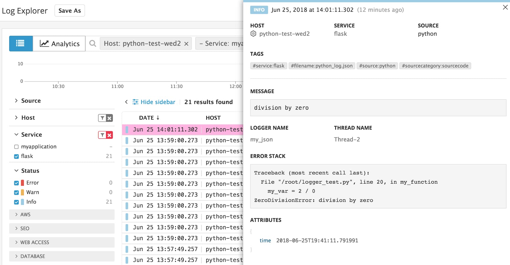 A Python error shown in the Datadog Log Explorer
