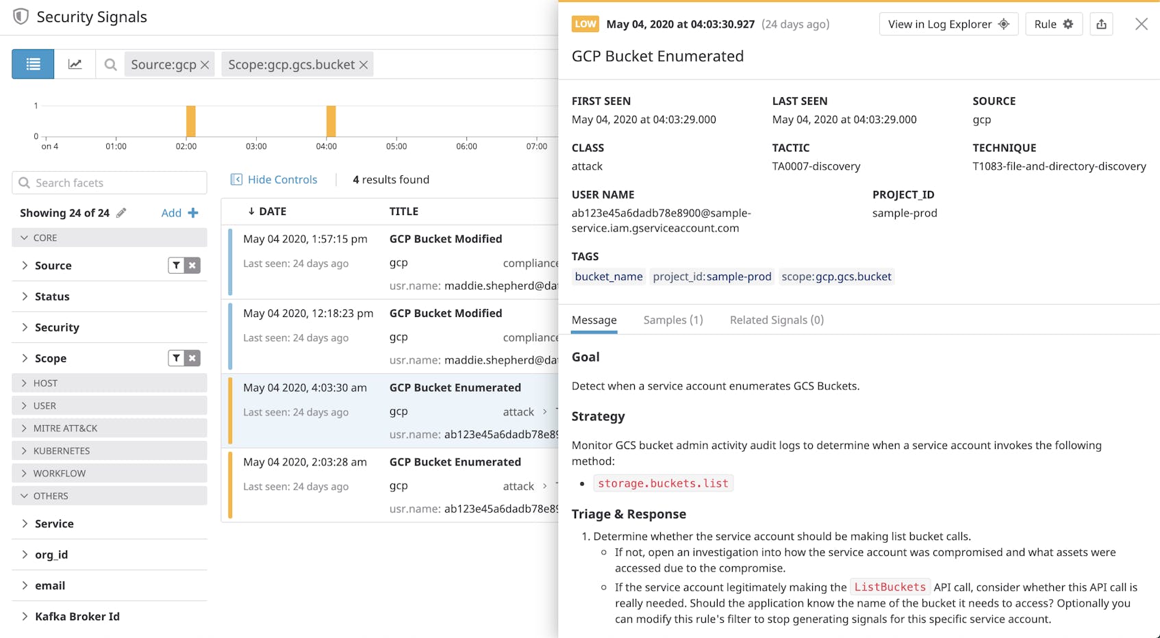 View a security signal for a GCP audit log that shows enumerated storage buckets