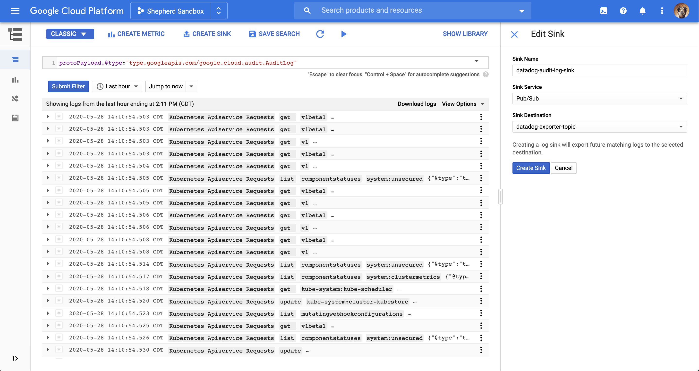 Create a sink in the Cloud Console for your GCP audit logs. Create a sink in the Cloud Console for your GCP audit logs.