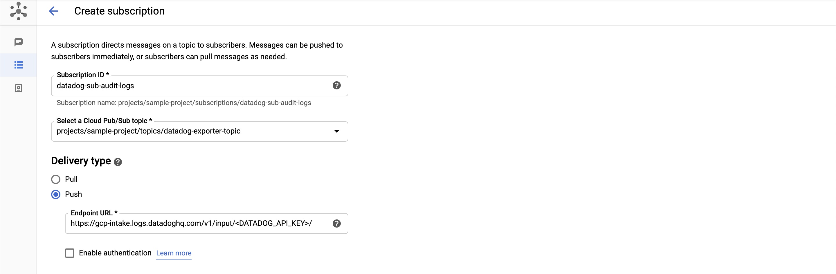Create a subscription to export GCP audit logs. Create a subscription to export GCP audit logs.