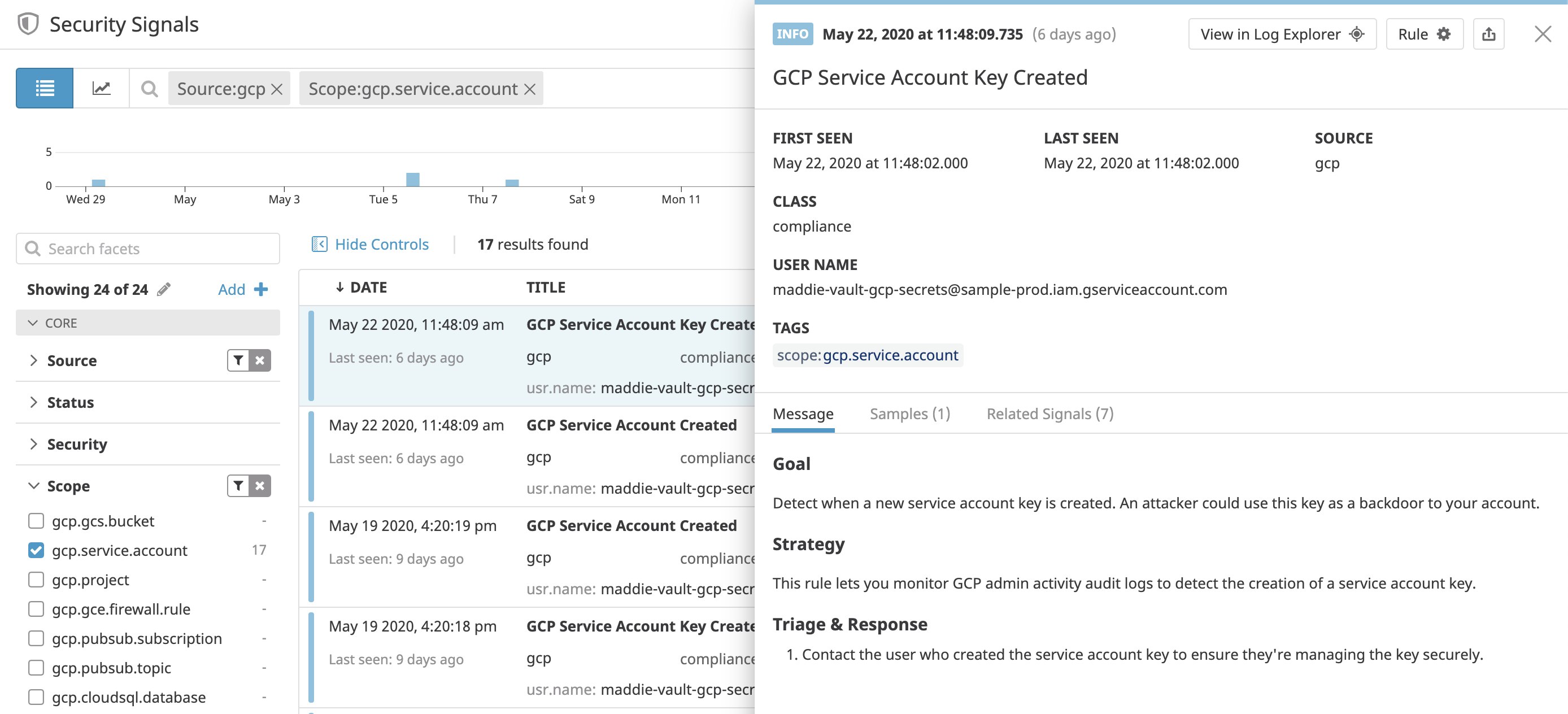 View a security signal for a GCP audit log that shows service key creation View a security signal for a GCP audit log that shows service key creation