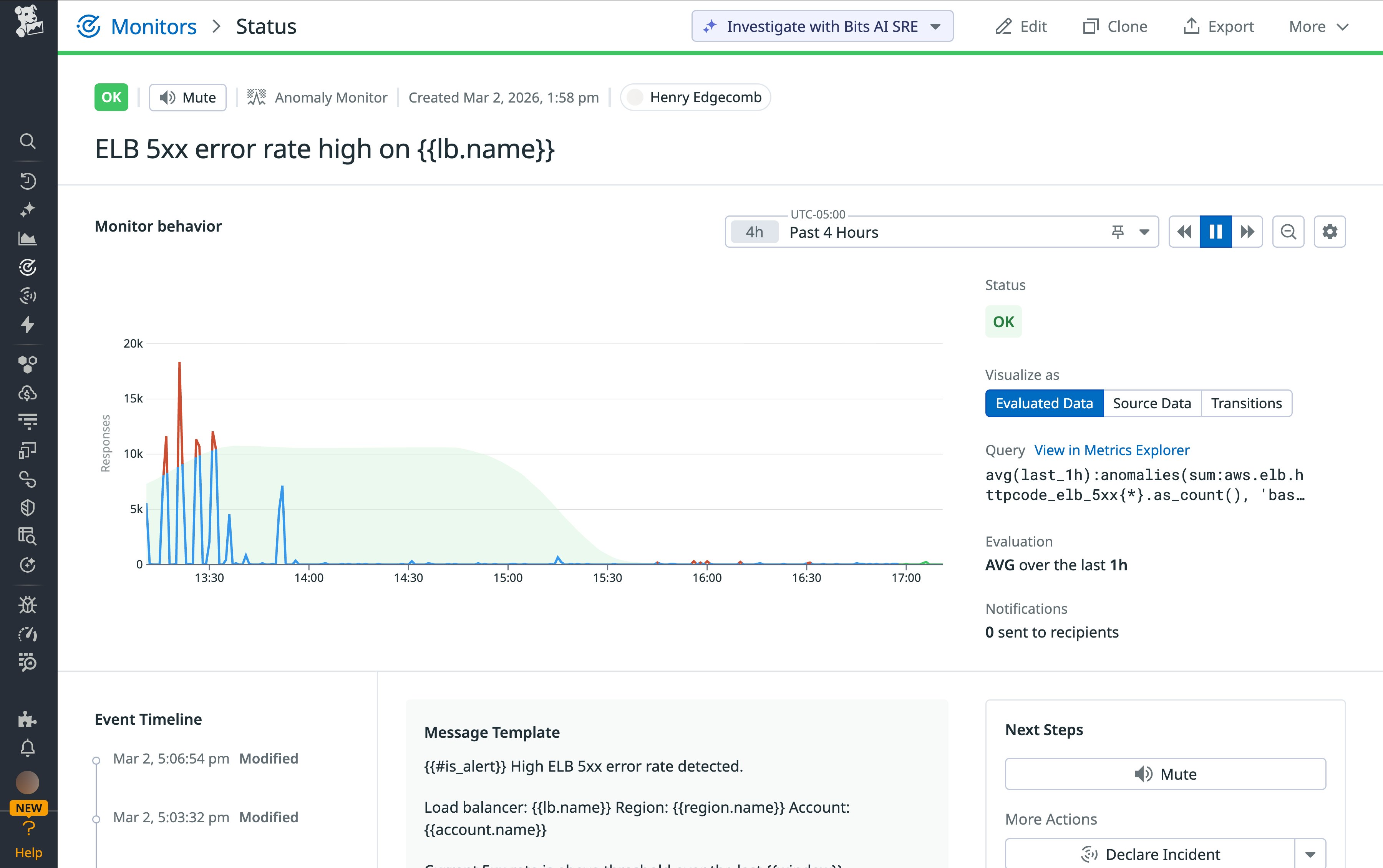 A Datadog monitor configured to alert on 5xx error rate from load balancer logs A Datadog monitor configured to alert on 5xx error rate from load balancer logs
