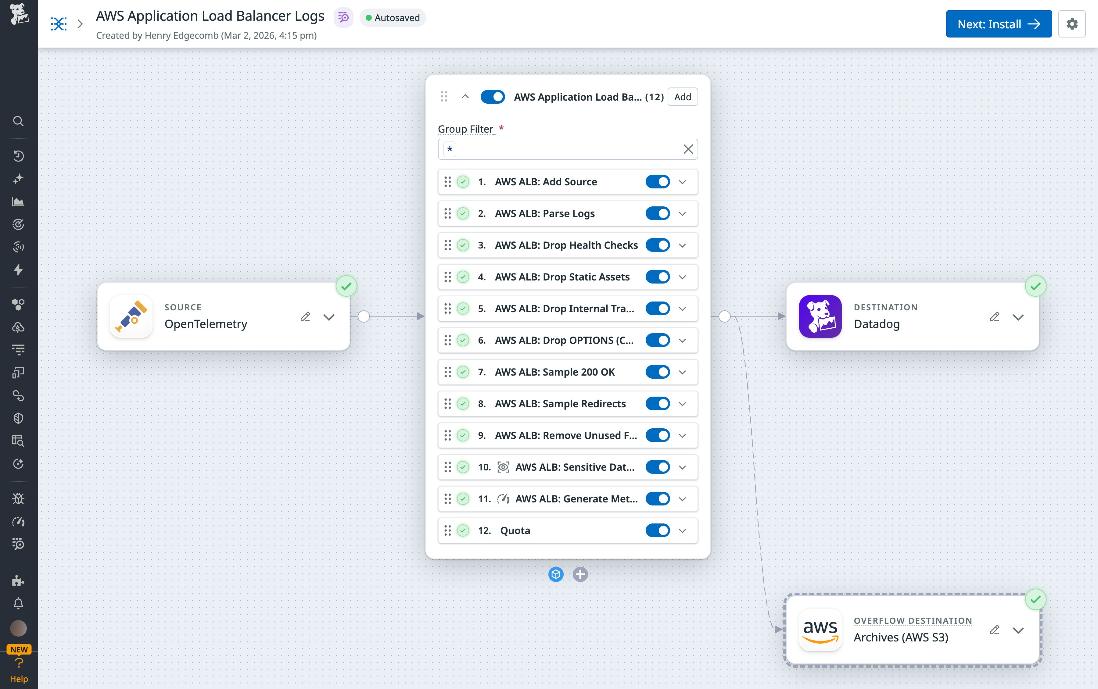 An example Observability Pipelines configuration using the AWS ALB Pack An example Observability Pipelines configuration using the AWS ALB Pack