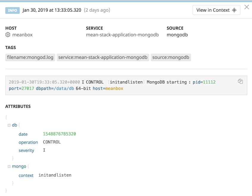 MongoDB log for a Mean stack application