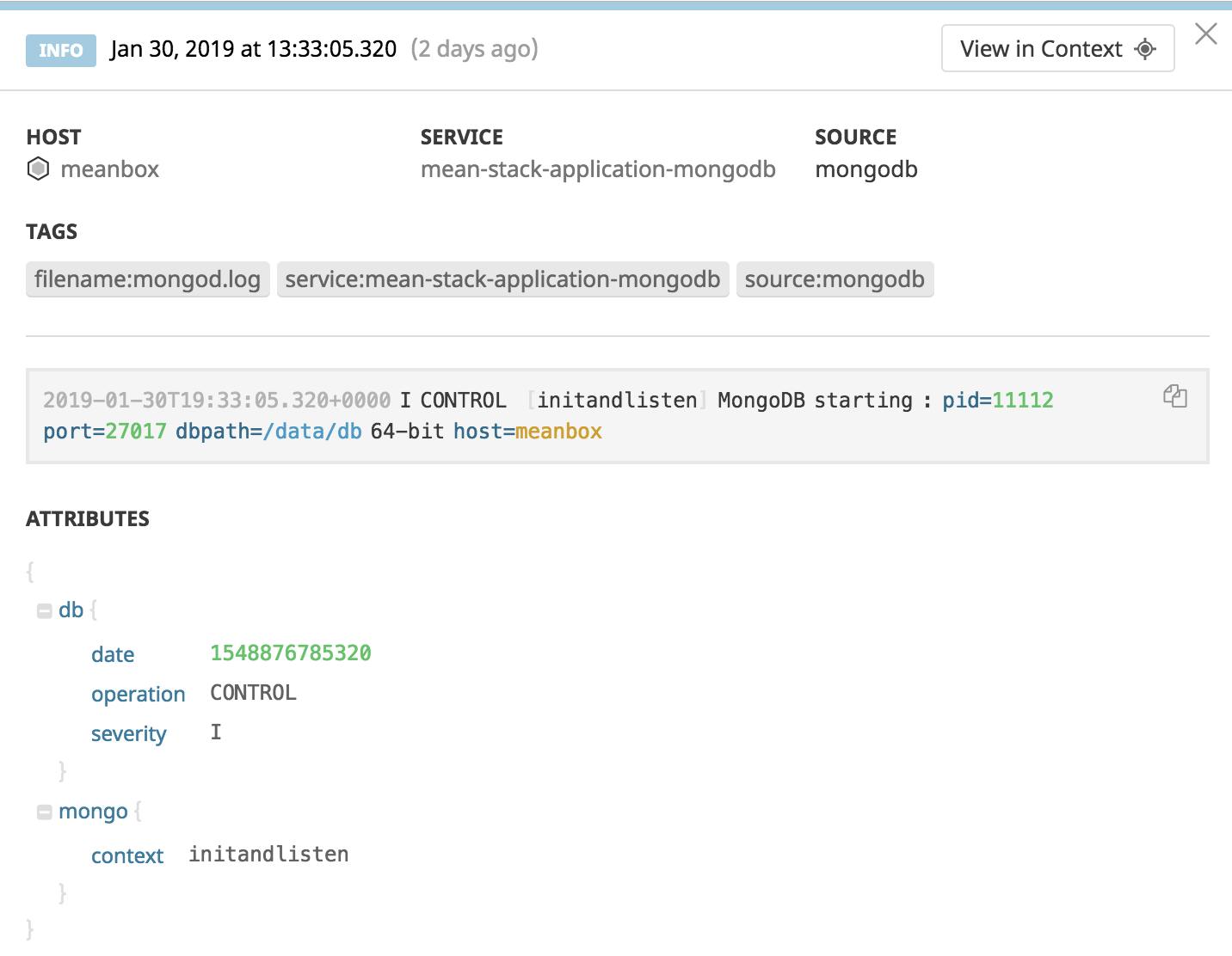 MongoDB log for a Mean stack application