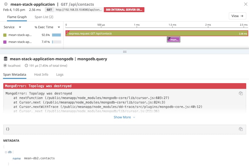 Example of a MEAN stack application trace and error