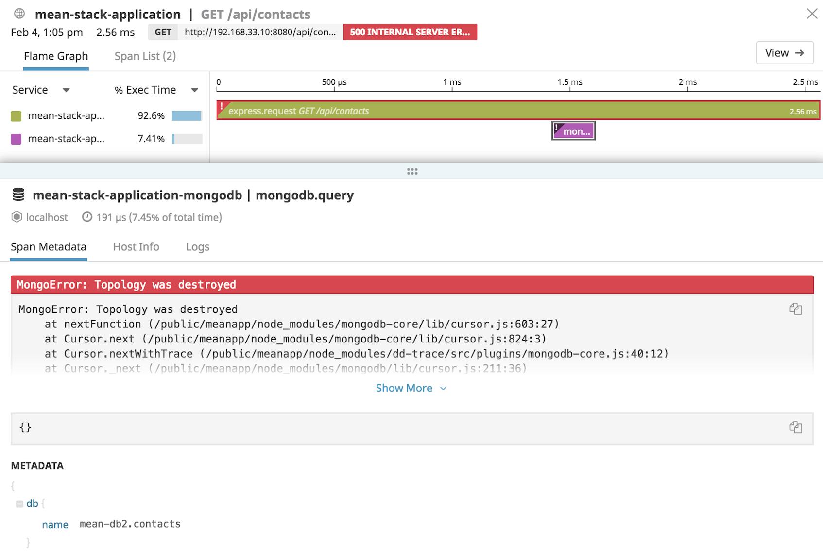 Example of a MEAN stack application trace and error