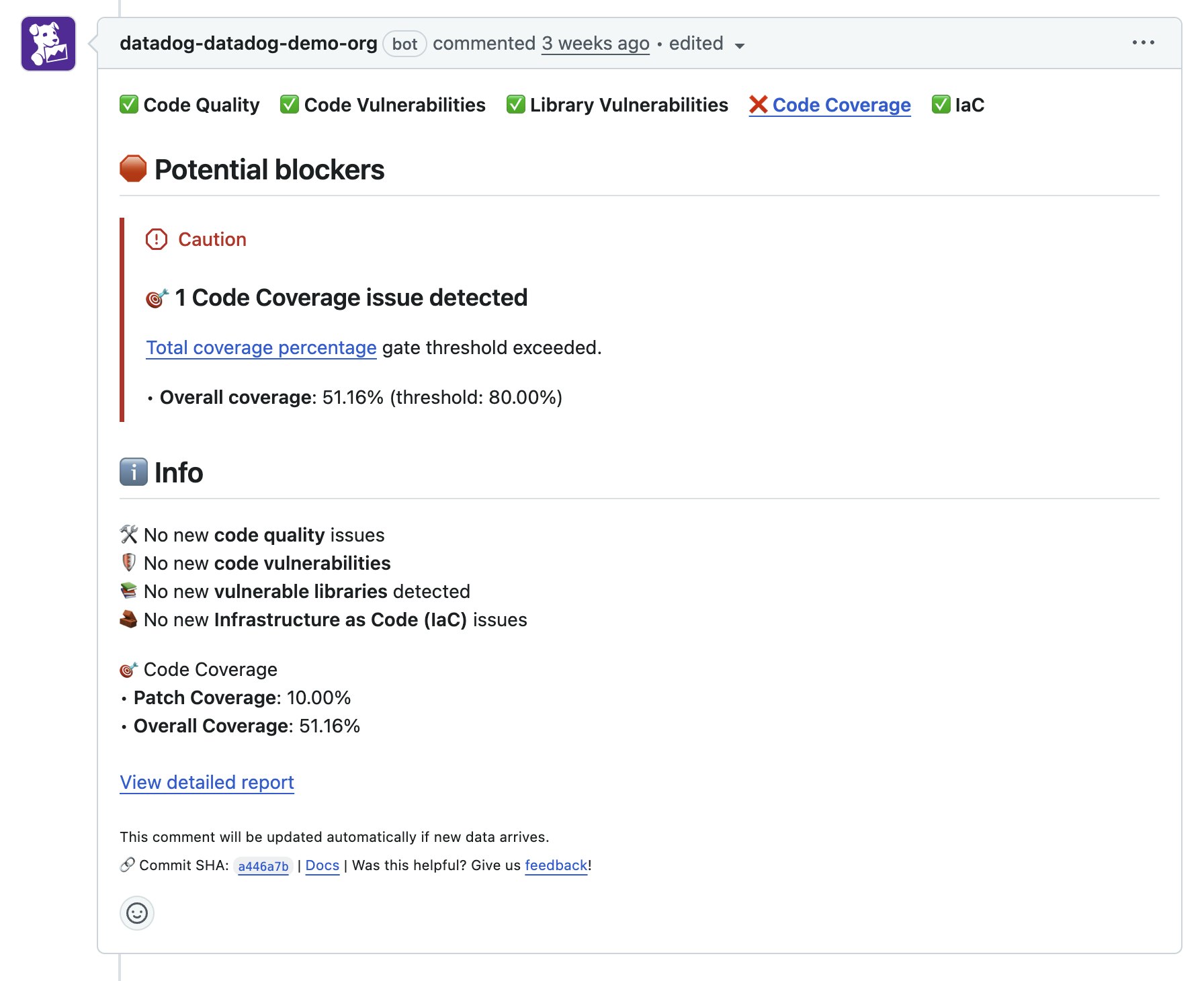 Code Coverage identification of one new issue indicating percentage of overall coverage and the option to view a detailed report. Code Coverage identification of one new issue indicating percentage of overall coverage and the option to view a detailed report.