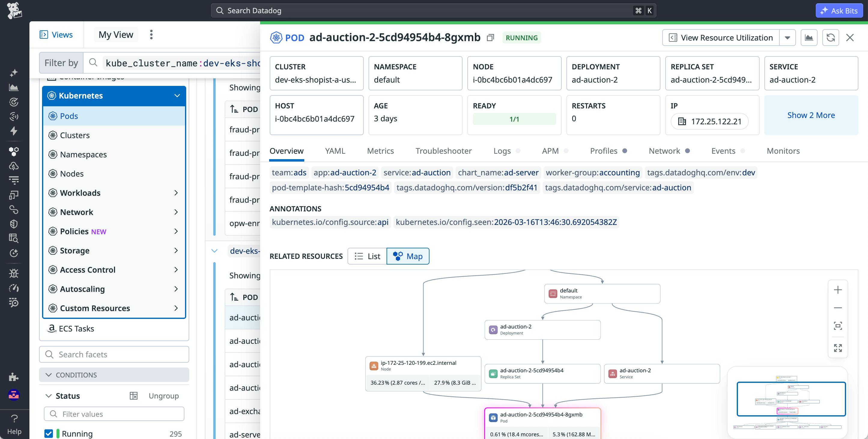 Detailed Kubernetes resource view showing configuration, related resources, and correlated metrics, logs, and traces for a pod.