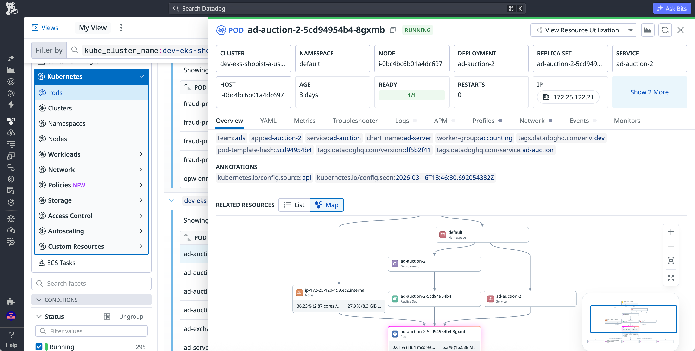 Detailed Kubernetes resource view showing configuration, related resources, and correlated metrics, logs, and traces for a pod. Detailed Kubernetes resource view showing configuration, related resources, and correlated metrics, logs, and traces for a pod.