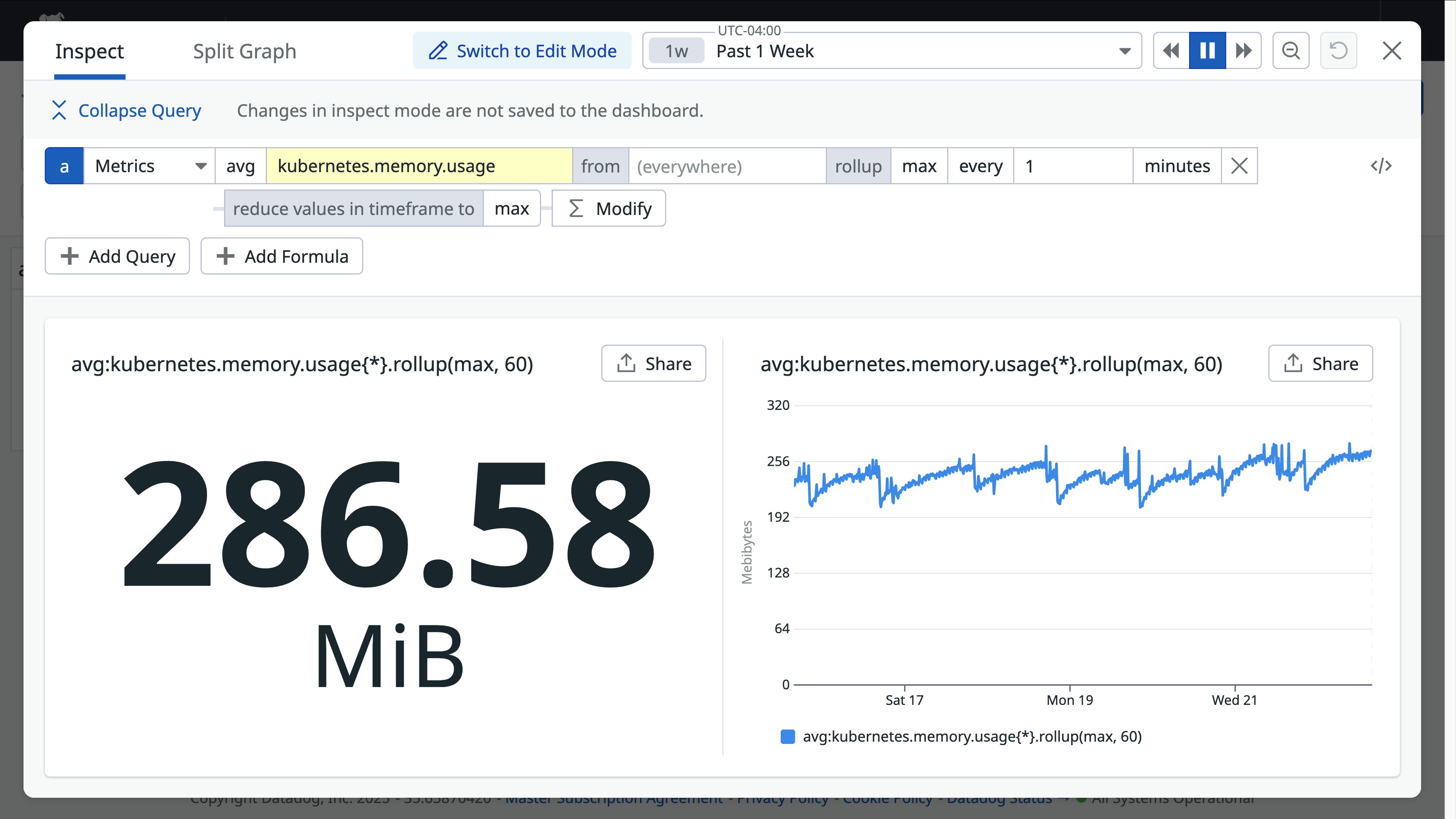 A dashboard widget revealing accurate maximum memory usage for kubernetes over time. A dashboard widget revealing accurate maximum memory usage for kubernetes over time.