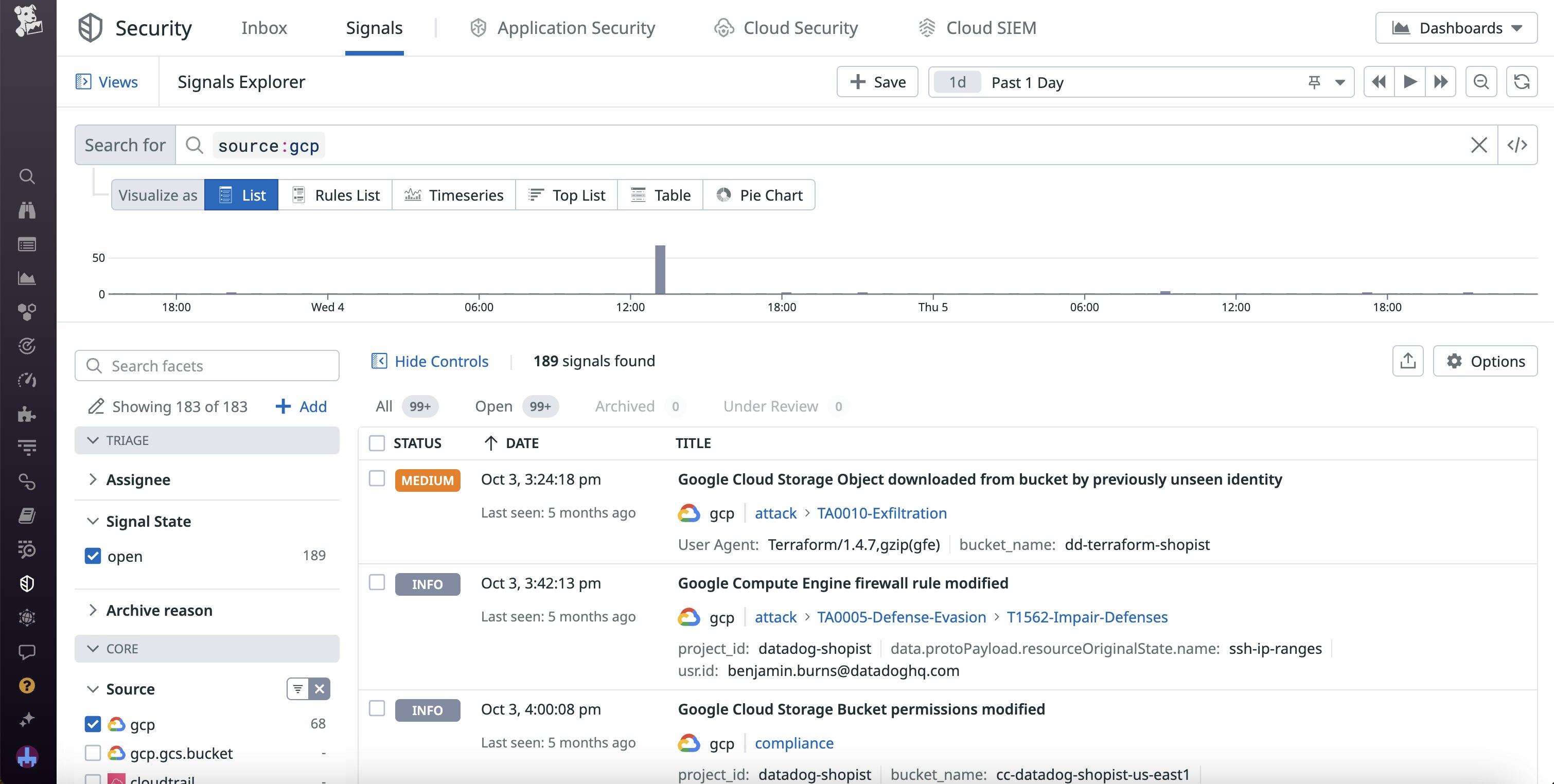 The Signals Explorer in Cloud SIEM, with GCP signals displayed. The Signals Explorer in Cloud SIEM, with GCP signals displayed.