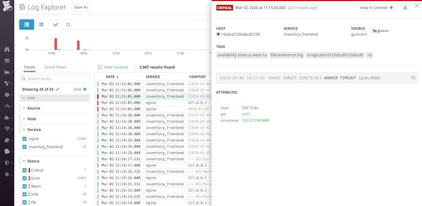 The Datadog Log Explorer shows Gunicorn and NGINX logs and highlights a 502 log from Gunicorn's error log.