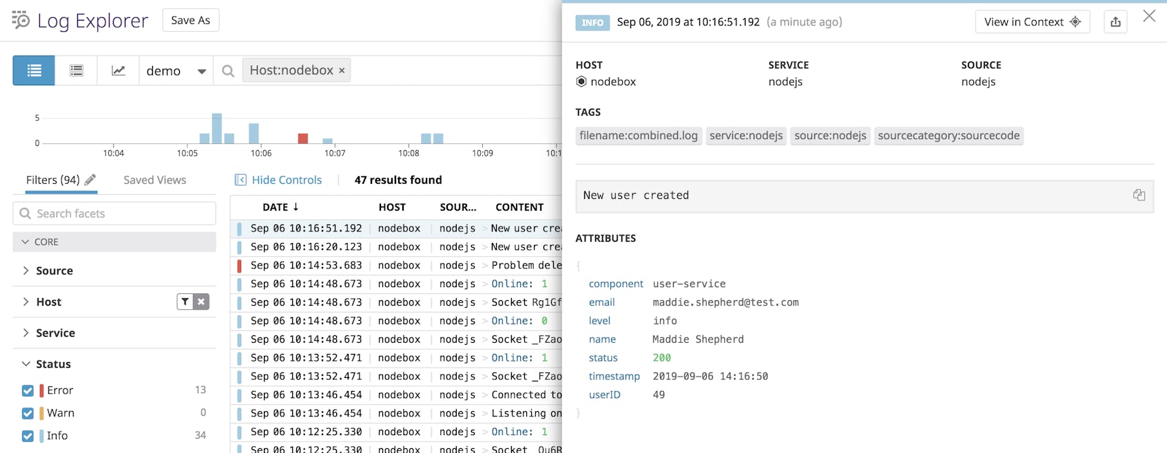 An example of a Node.js info log