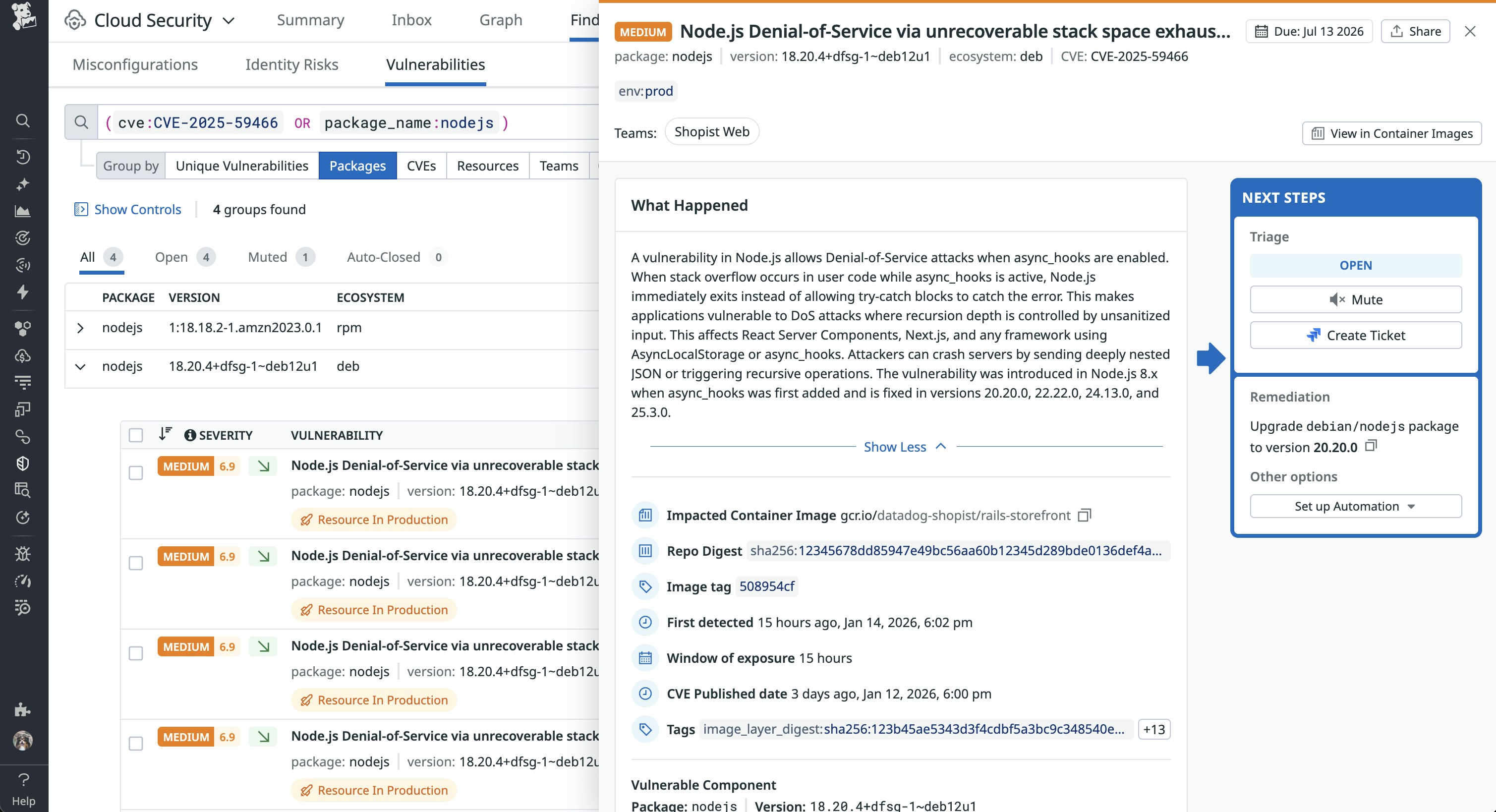 Screenshot of a Datadog Cloud Security finding for CVE-2025-59466. It suggests an upgrade to Node.js version 20.20.0. Screenshot of a Datadog Cloud Security finding for CVE-2025-59466. It suggests an upgrade to Node.js version 20.20.0.