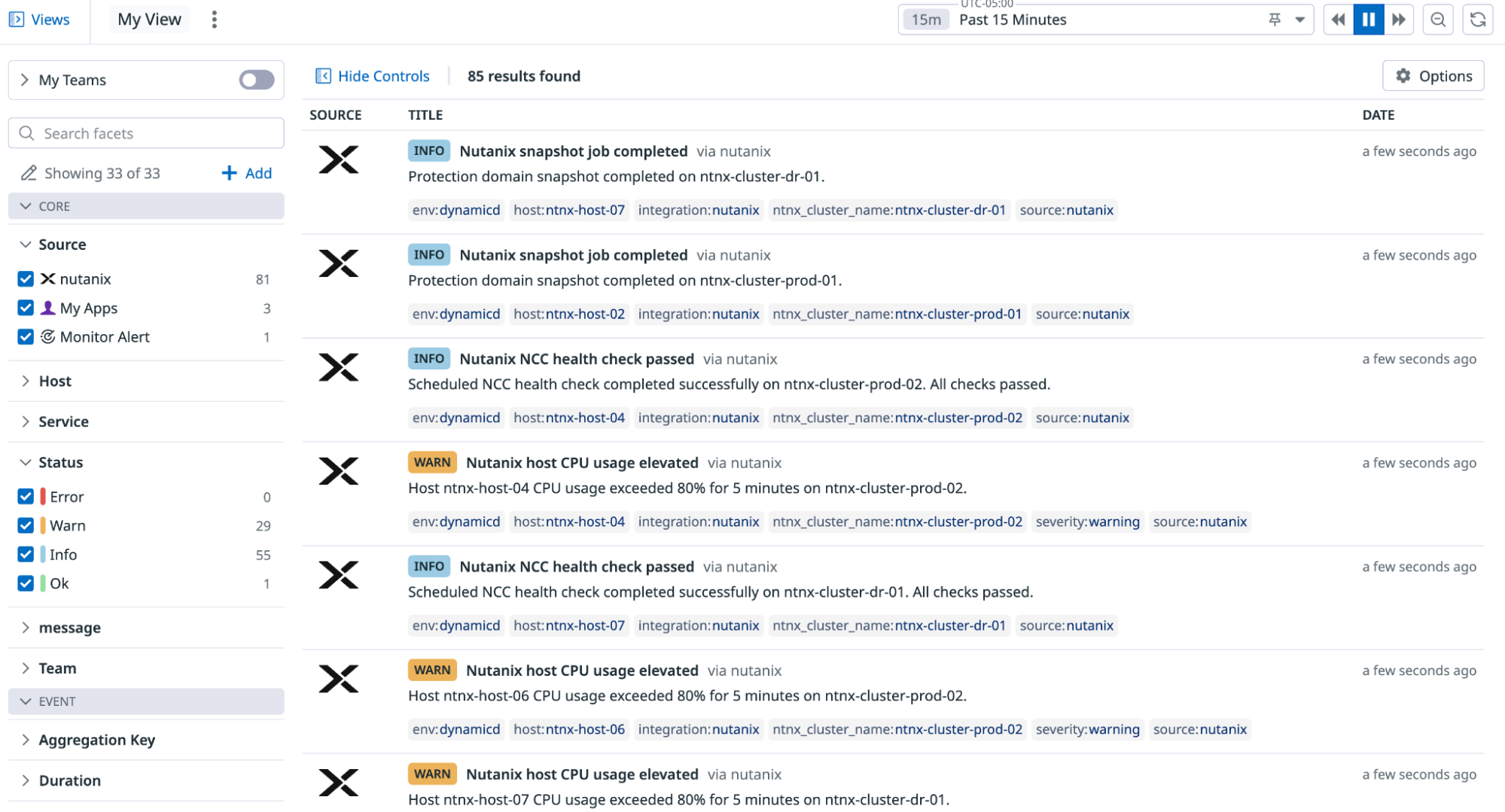A Datadog event stream that shows Prism Central alerts, tasks, audits, and health check events. A Datadog event stream that shows Prism Central alerts, tasks, audits, and health check events.