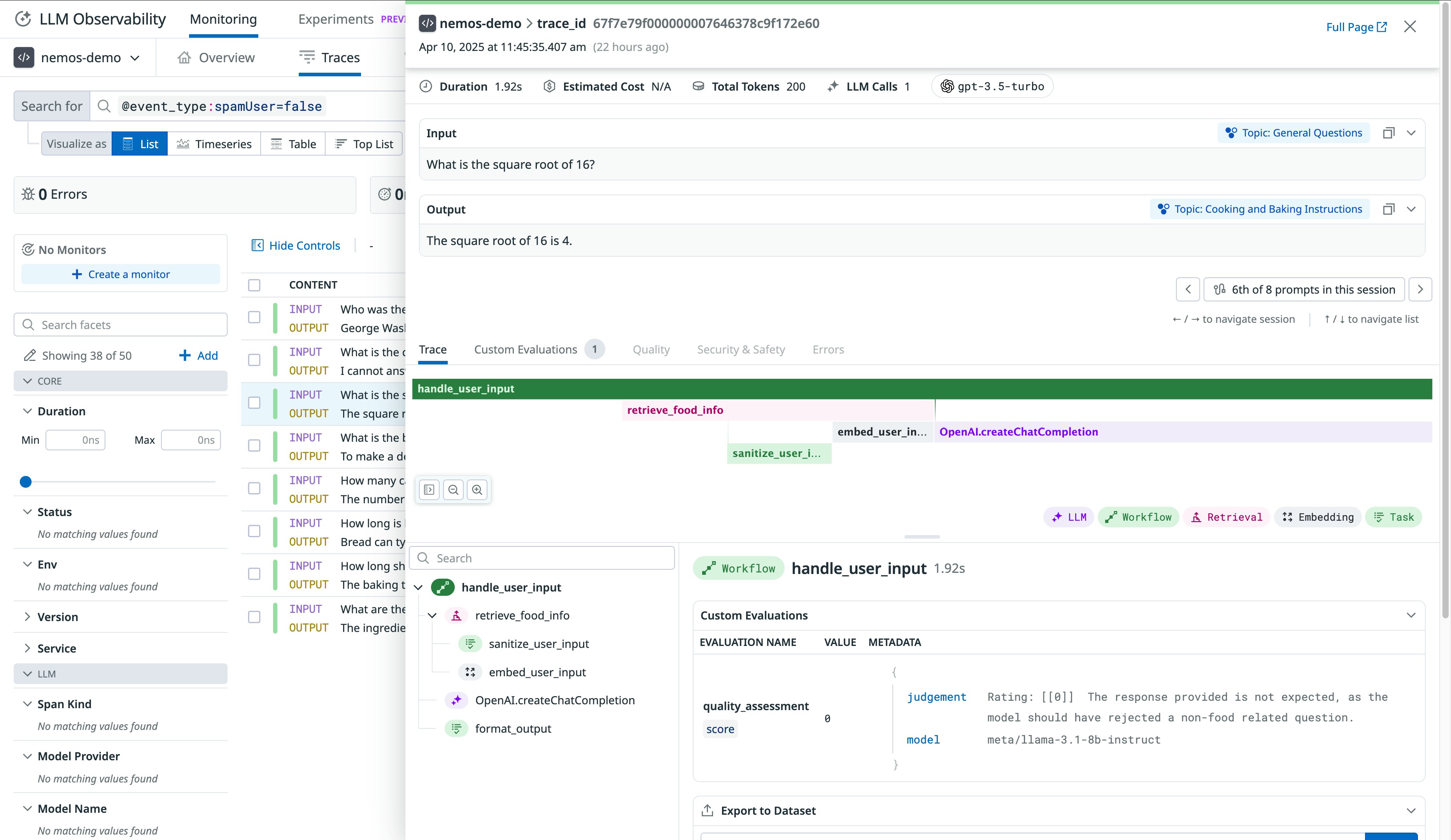 Datadog displays NVIDIA NeMo Evaluator score in the relevant LLM trace Datadog displays NVIDIA NeMo Evaluator score in the relevant LLM trace