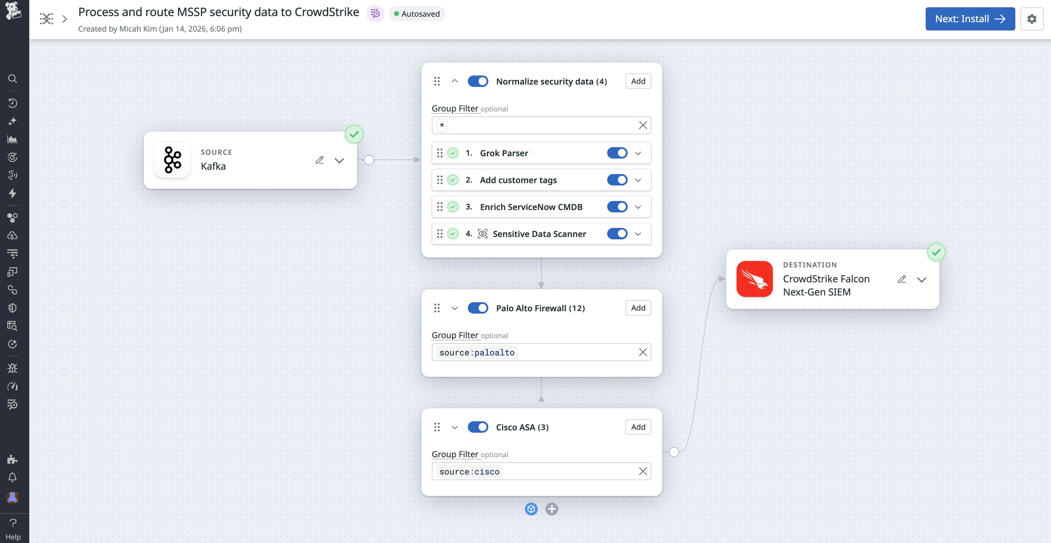 Observability Pipelines config: Kafka source, security processors, and routing to CrowdStrike Falcon.