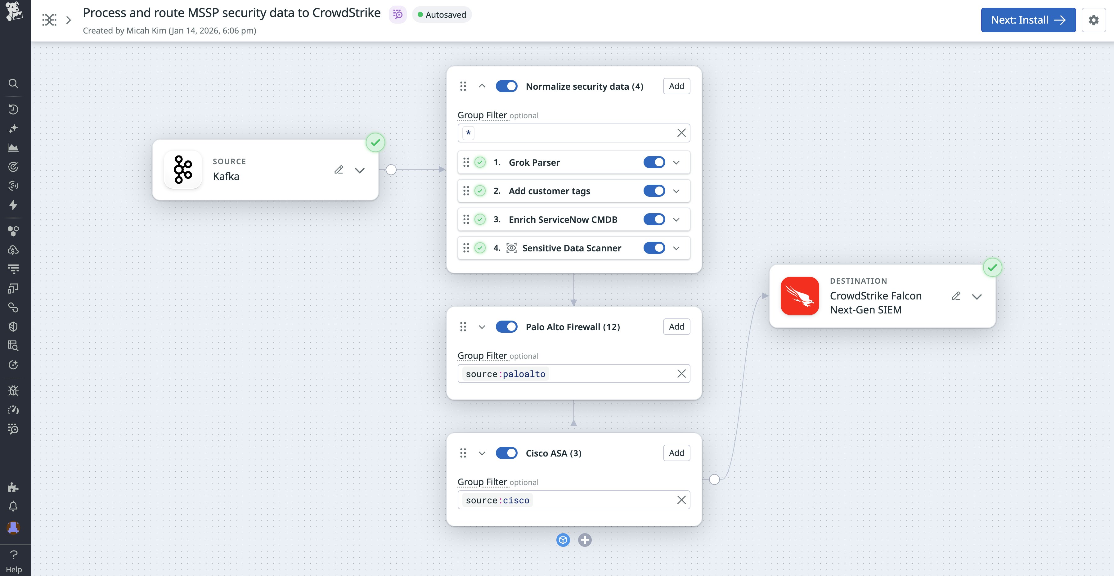 Observability Pipelines config: Kafka source, security processors, and routing to CrowdStrike Falcon. Observability Pipelines config: Kafka source, security processors, and routing to CrowdStrike Falcon.
