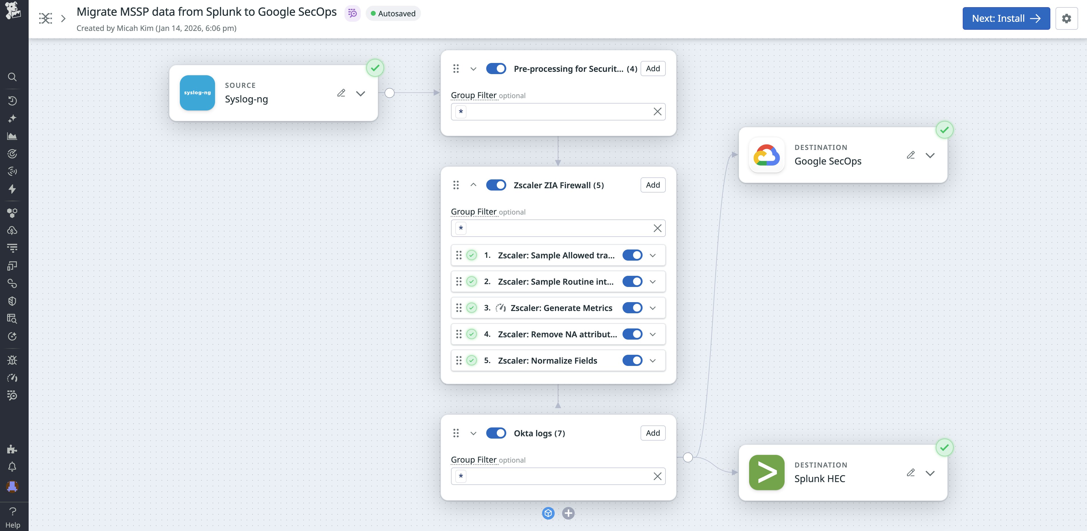 Pipeline migration example: preprocess Zscaler and Okta logs, route to Google SecOps and Splunk. Pipeline migration example: preprocess Zscaler and Okta logs, route to Google SecOps and Splunk.