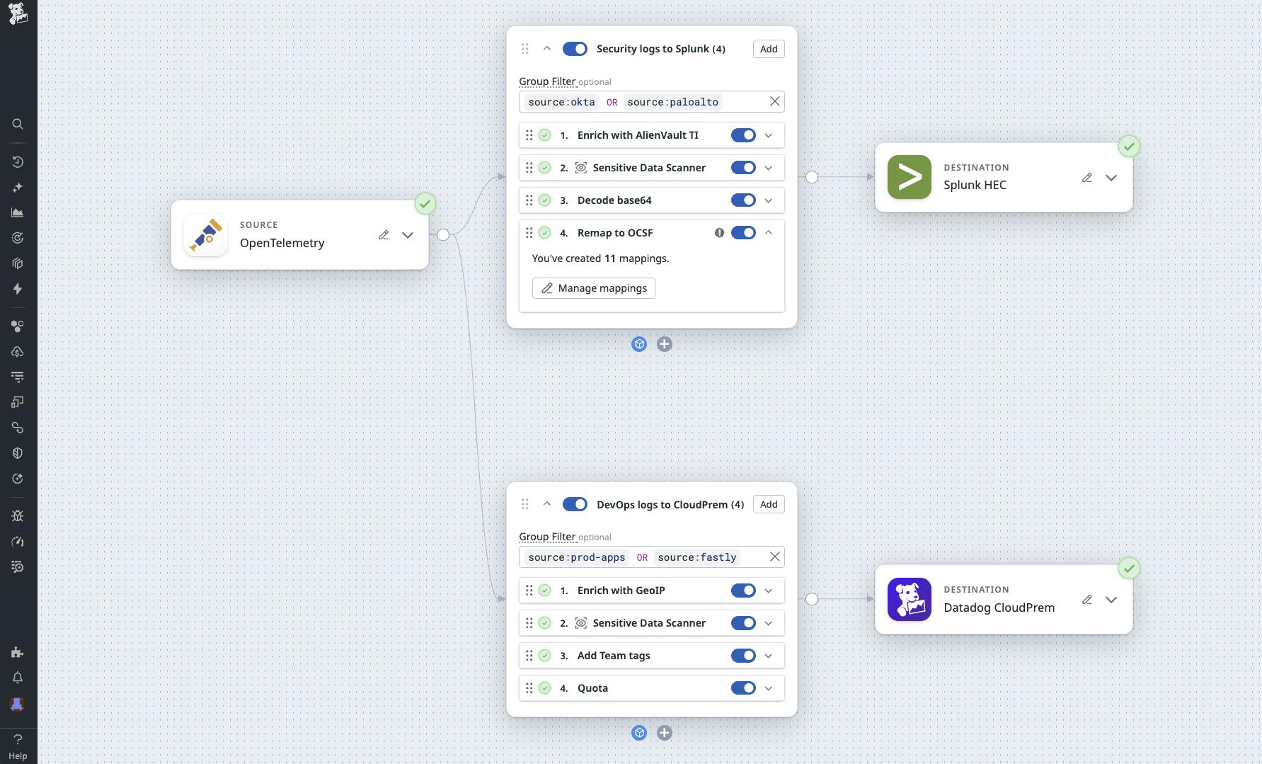 A screenshot of an Observability Pipelines routing schema using OTel as the primary source of data being routed to Splunk and Datadog.