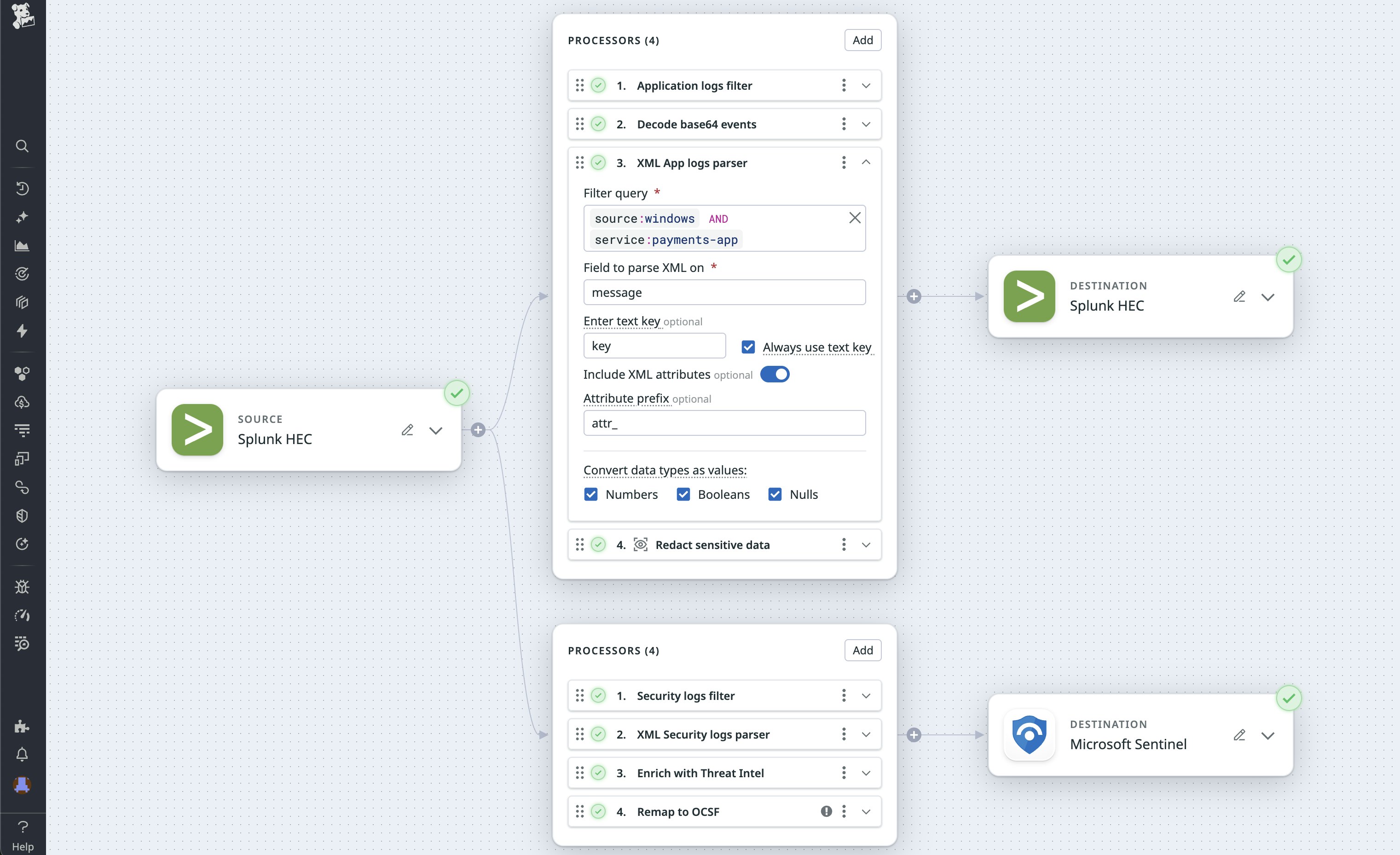 View of a pipeline that parses logs before sending them to multiple destinations. View of a pipeline that parses logs before sending them to multiple destinations.