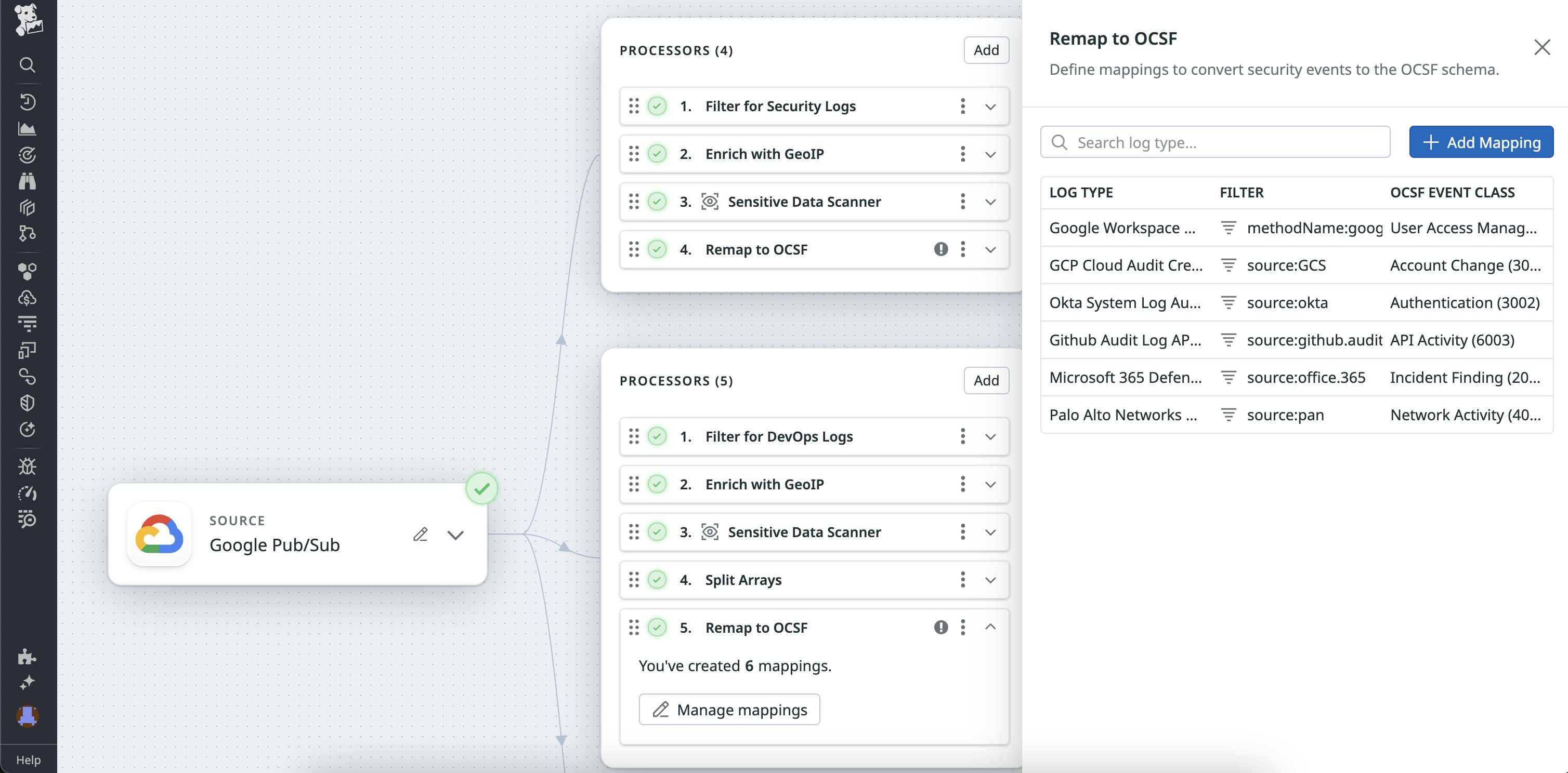 A Google Workspace Admin log being remapped to OCSF. A Google Workspace Admin log being remapped to OCSF.