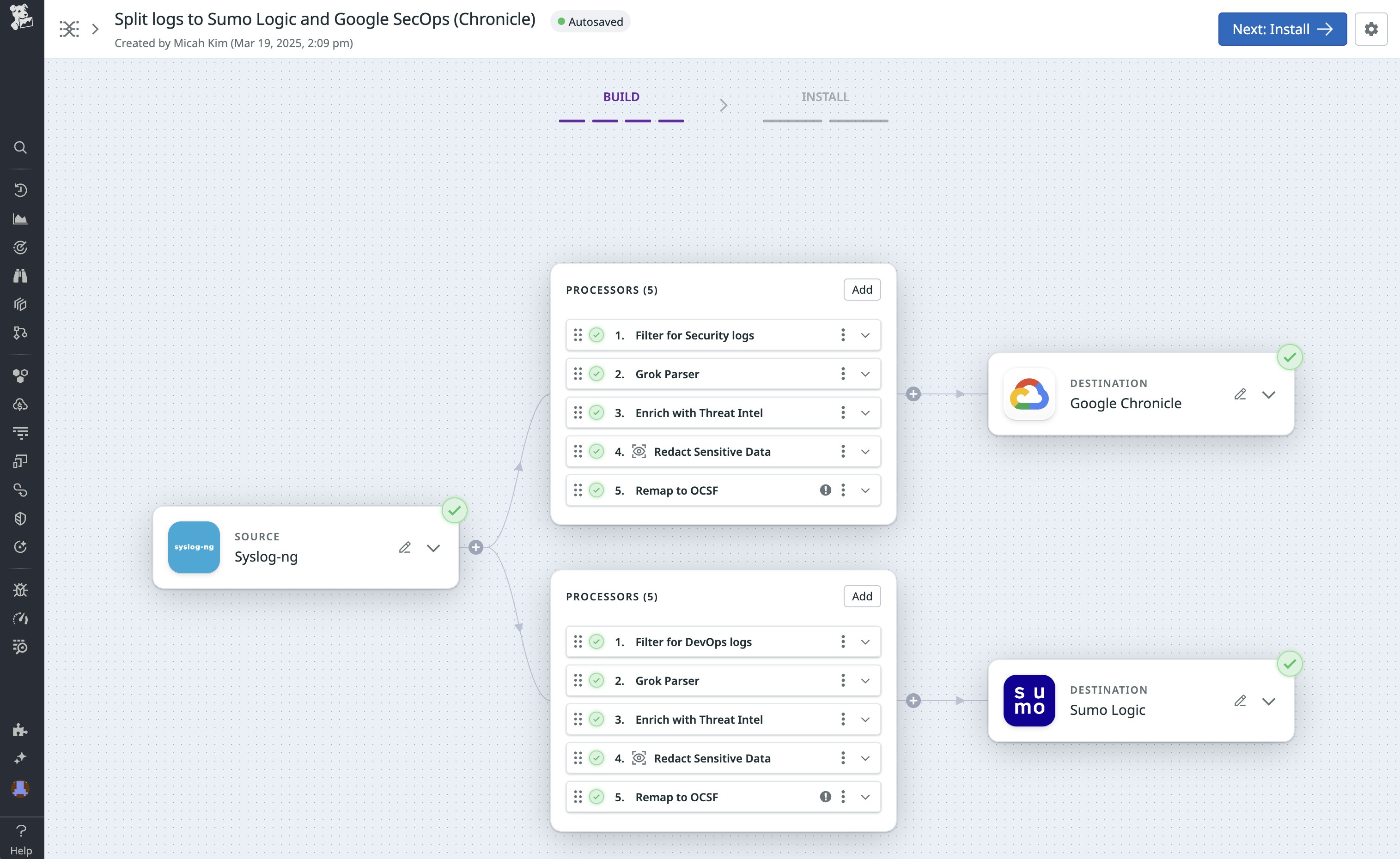 A log splitting pipeline that sends logs to Google SecOps and Sumo Logic. A log splitting pipeline that sends logs to Google SecOps and Sumo Logic.
