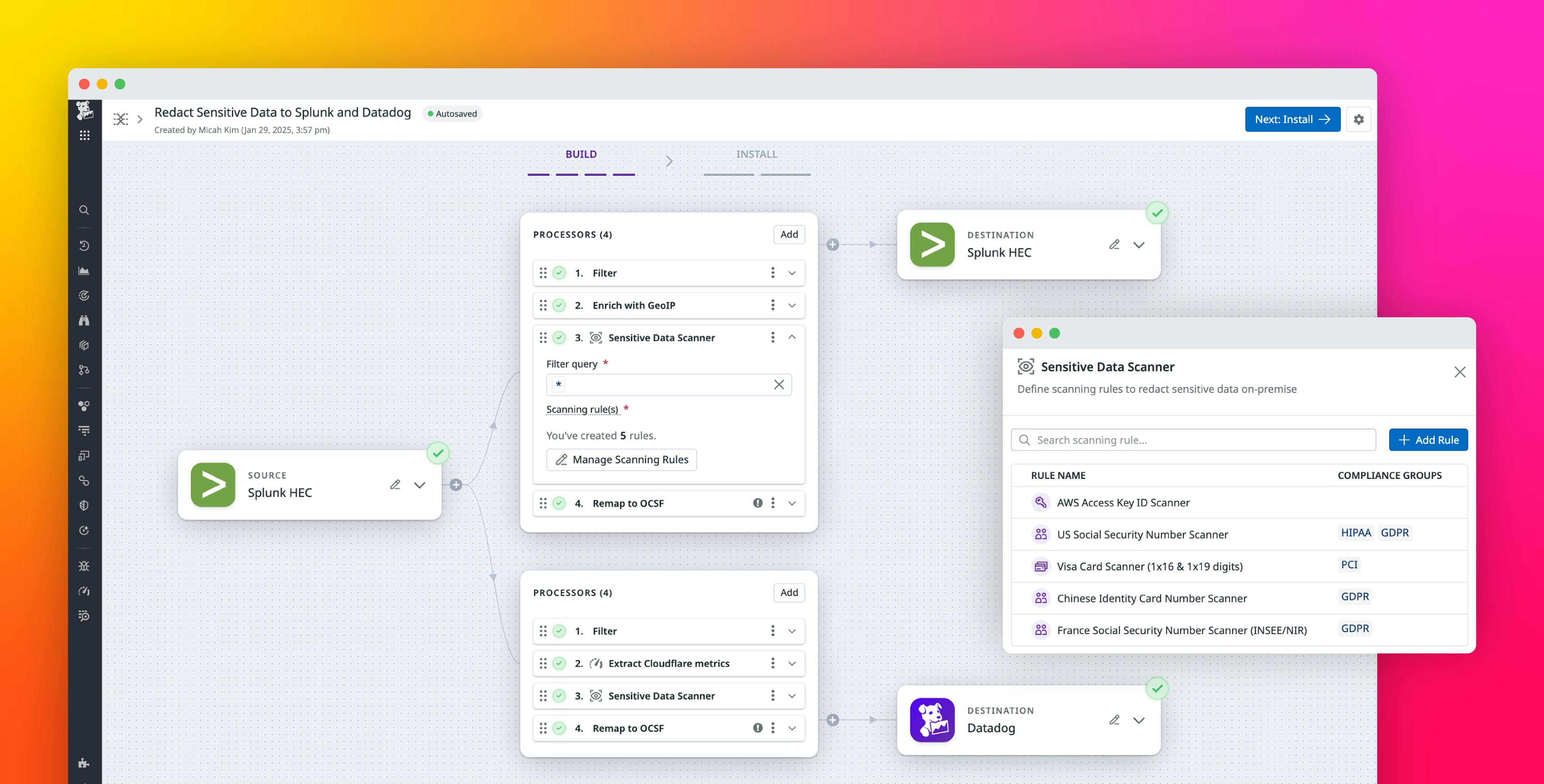 Redact sensitive data from your logs on-prem by using Observability Pipelines