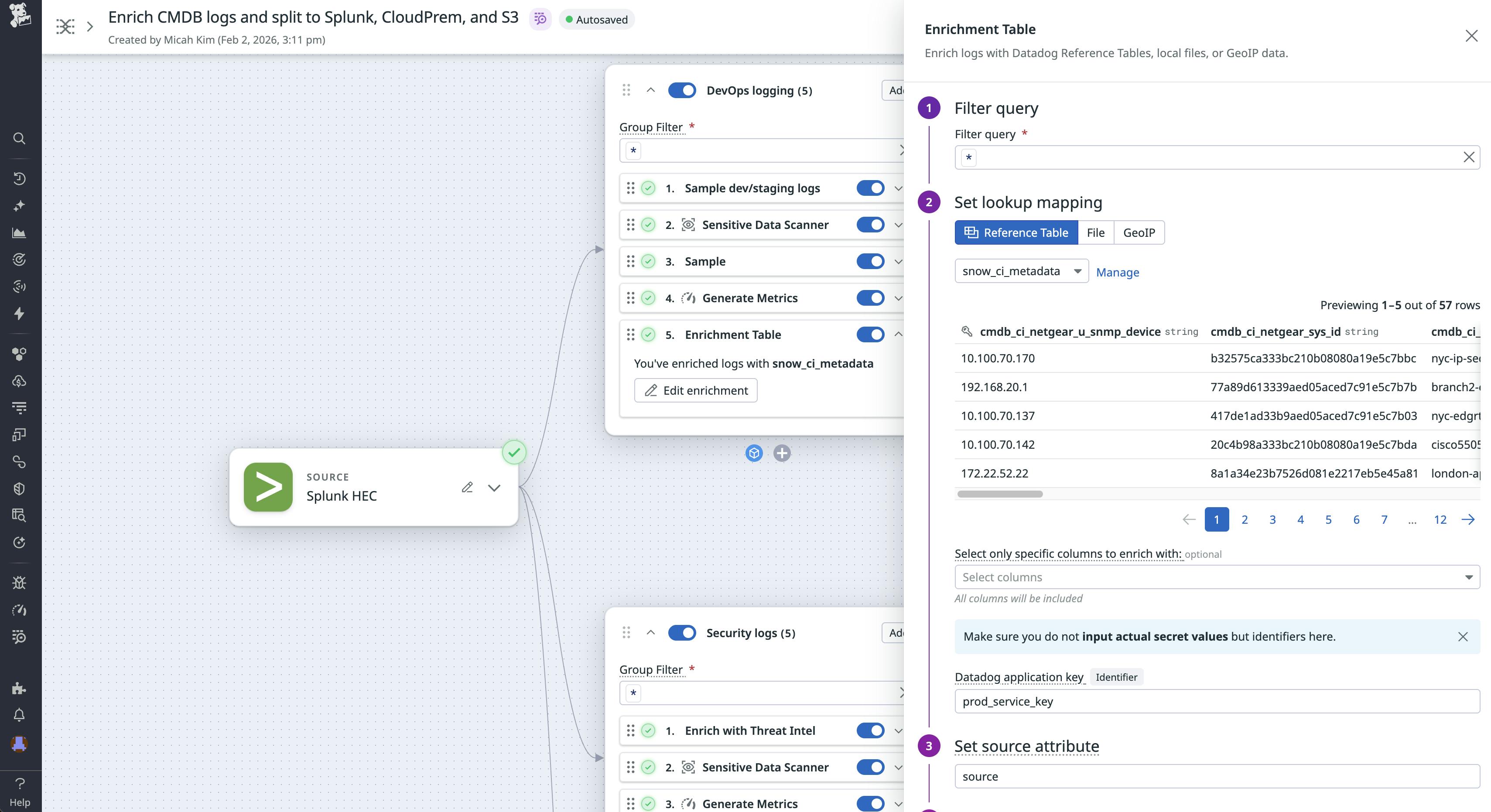 Screenshot of a pipeline that enriches logs with CMDB information before splitting them up for routing to Splunk, Datadog CloudPrem, and Amazon S3.