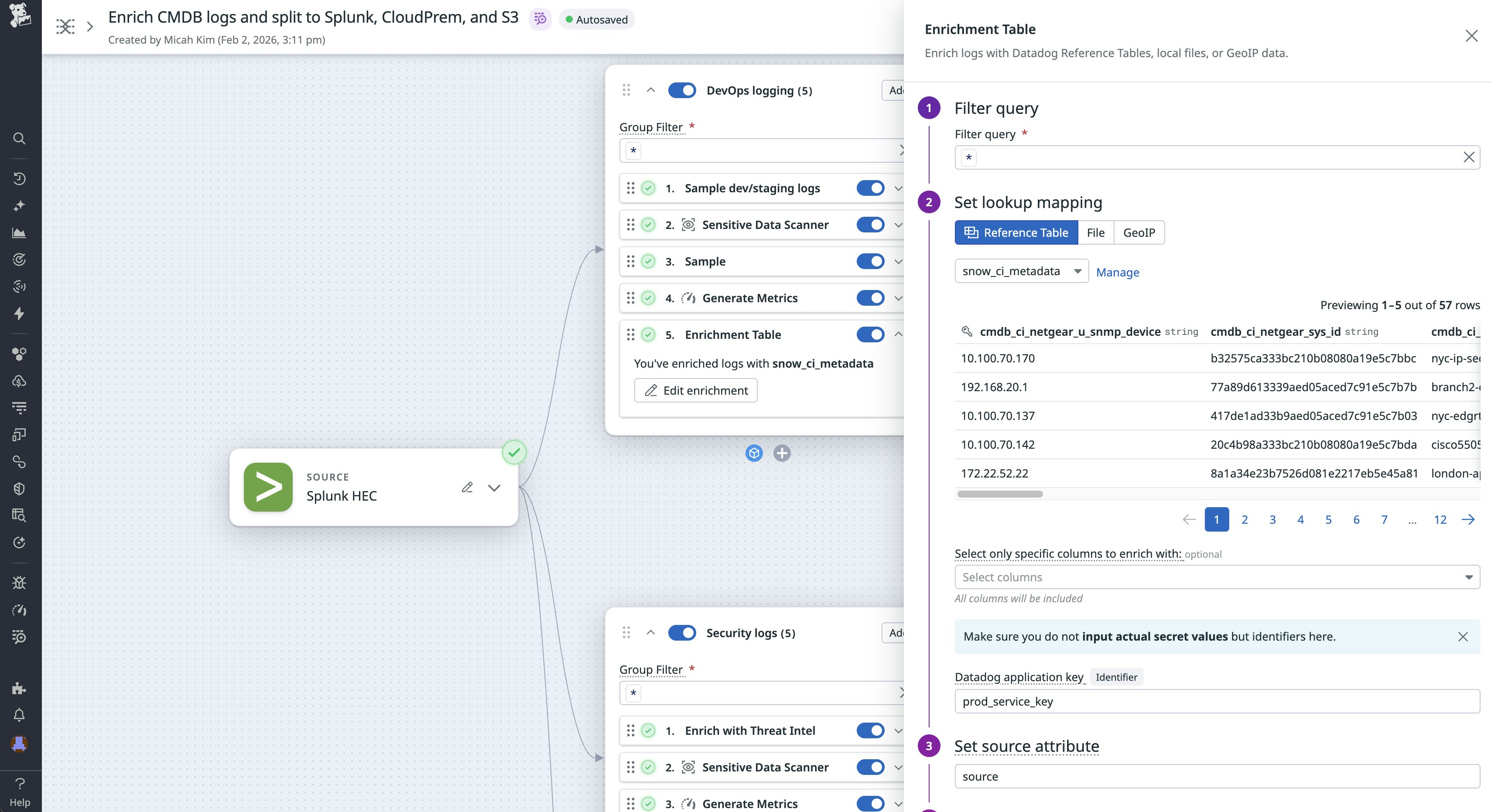 Screenshot of a pipeline that enriches logs with CMDB information before splitting them up for routing to Splunk, Datadog CloudPrem, and Amazon S3. Screenshot of a pipeline that enriches logs with CMDB information before splitting them up for routing to Splunk, Datadog CloudPrem, and Amazon S3.