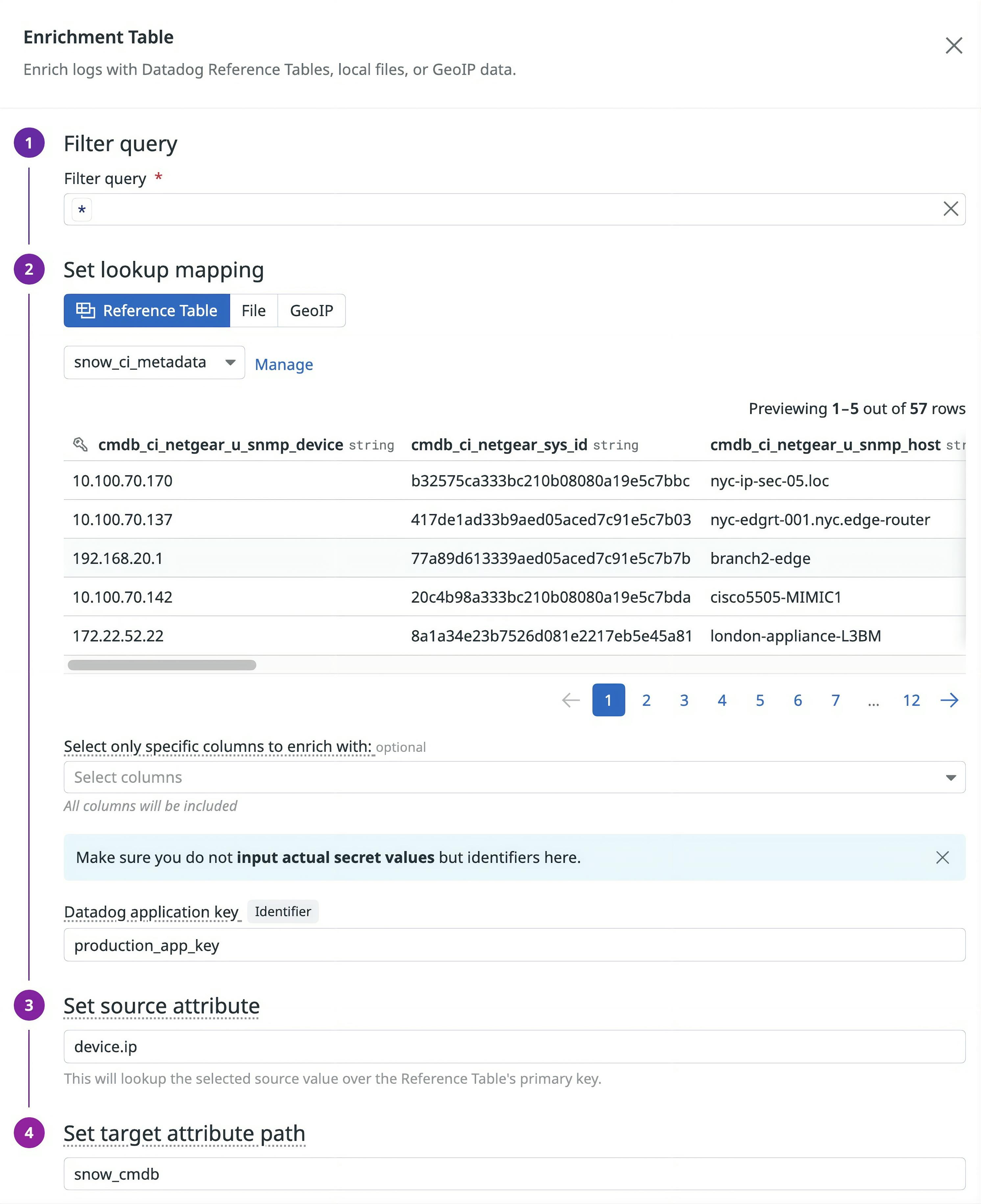 Enrichment Table configuration that uses a ServiceNow-backed Reference Table to add CMDB ownership and dependency fields to logs in Observability Pipelines.