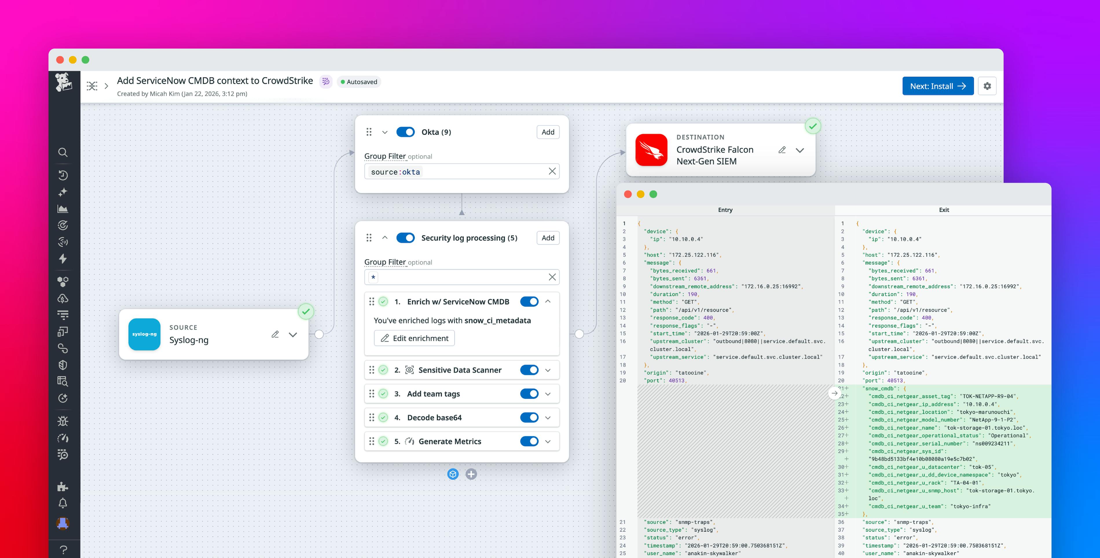 Enrich logs with ServiceNow CMDB context before routing to any SIEM or logging tool