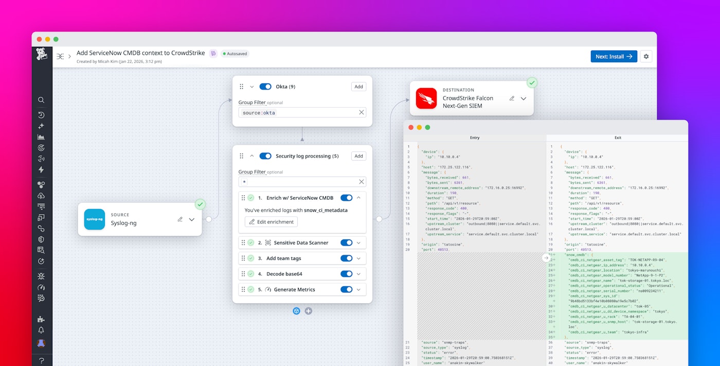 Enrich logs with ServiceNow CMDB context before routing to any SIEM or logging tool Enrich logs with ServiceNow CMDB context before routing to any SIEM or logging tool