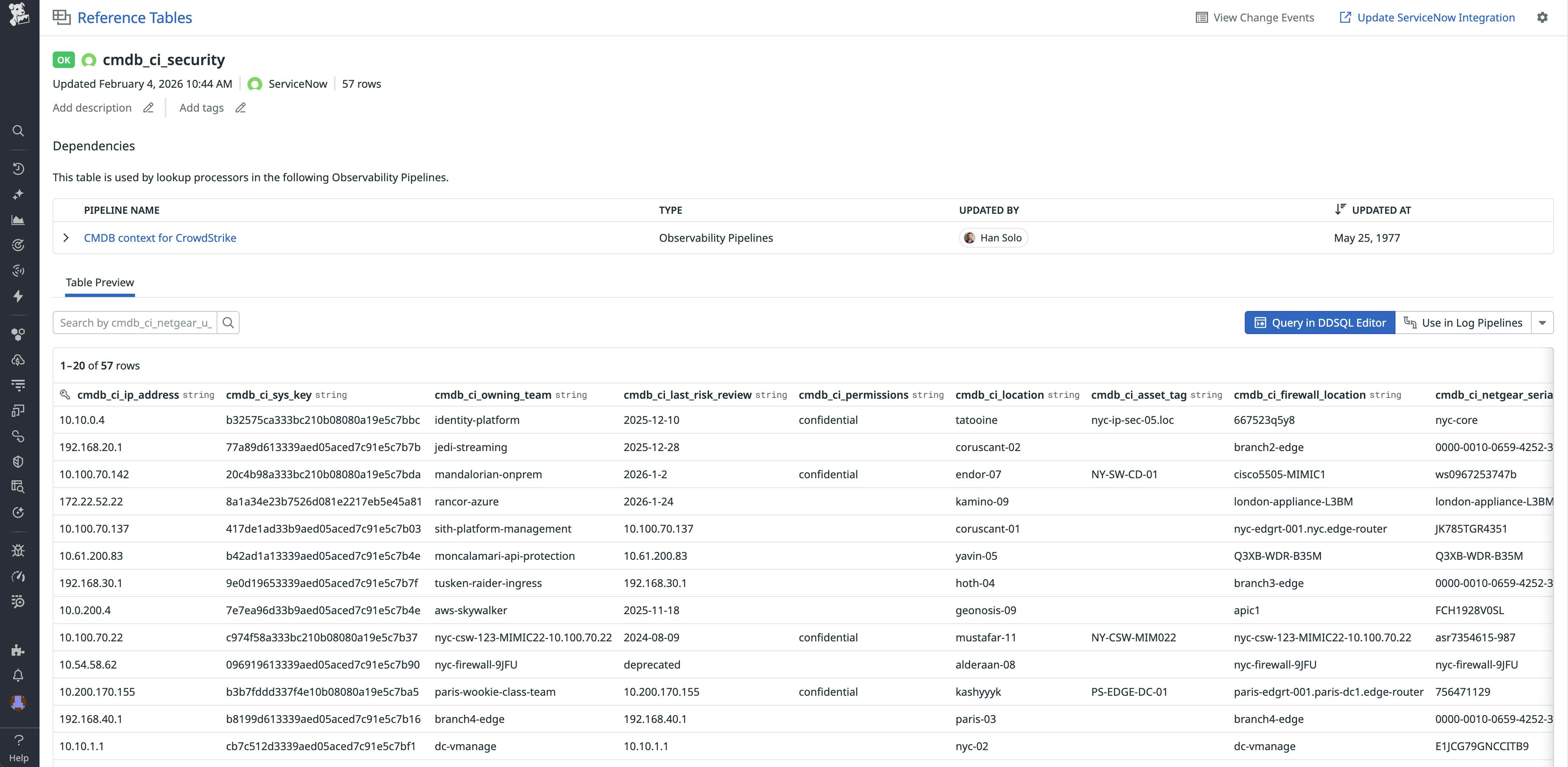 Screenshot of a Datadog Reference Tables page that shows the `cmdb_ci_security` table synced from ServiceNow CMDB.