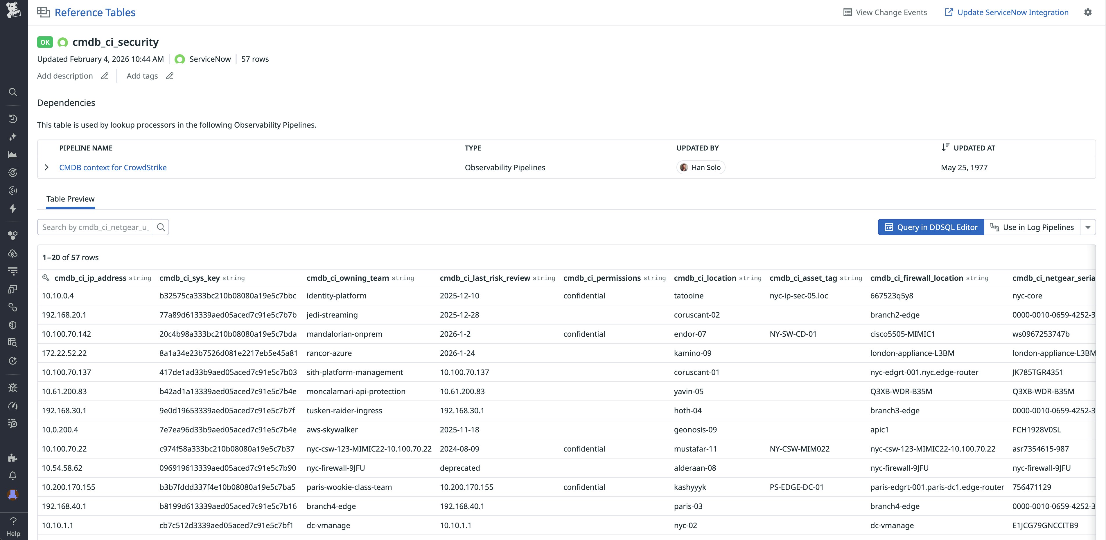 Screenshot of a Datadog Reference Tables page that shows the `cmdb_ci_security` table synced from ServiceNow CMDB. Screenshot of a Datadog Reference Tables page that shows the `cmdb_ci_security` table synced from ServiceNow CMDB.