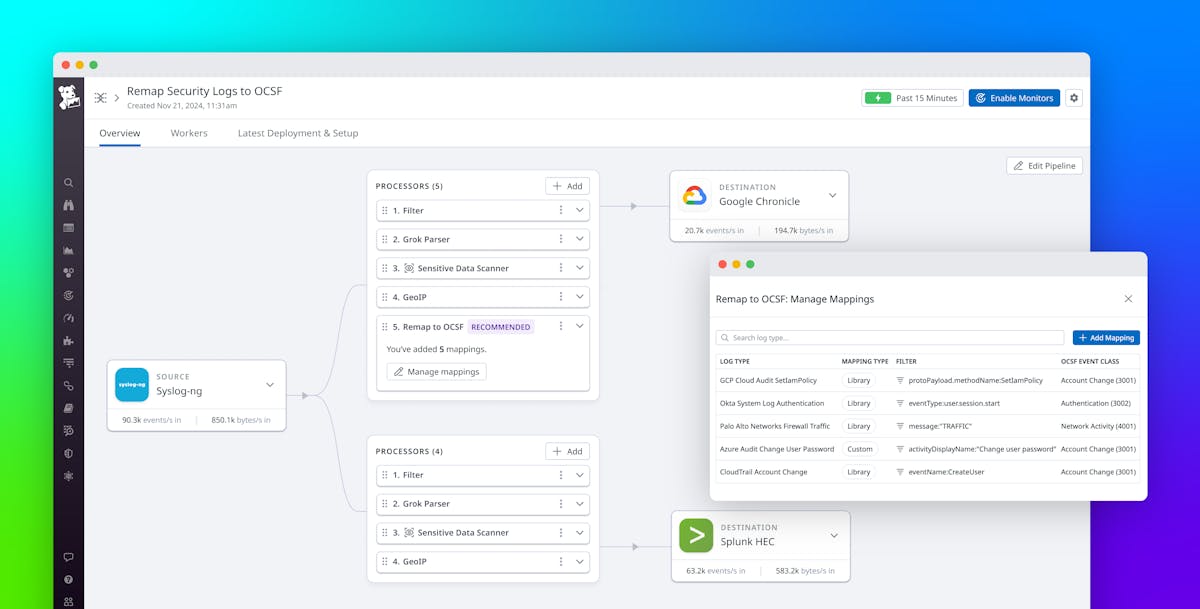 Stream logs in OCSF format to your preferred security vendors or data lakes with Observability Pipelines