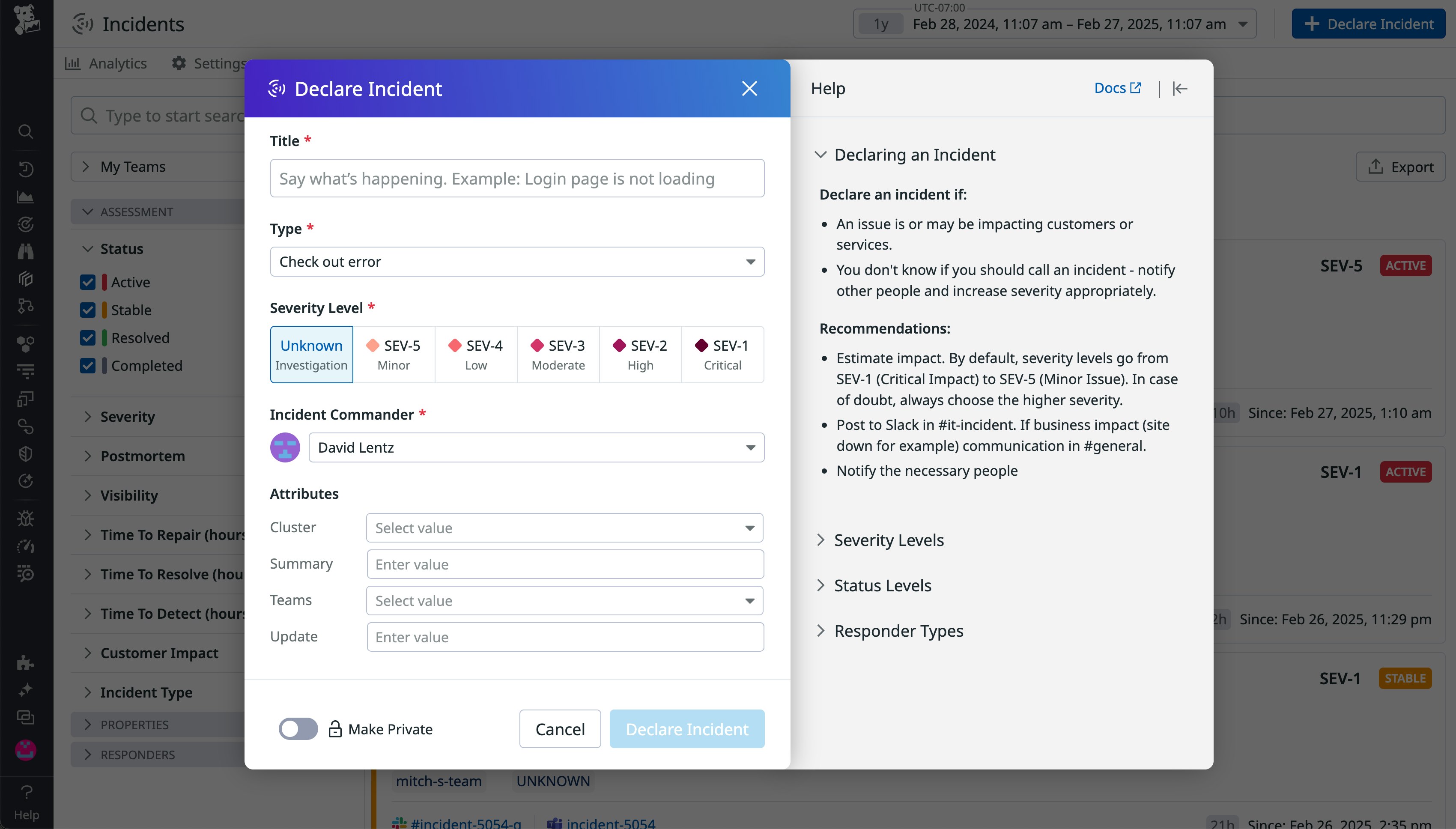Datadog Incident Management interface with a Declare Incident form, showing fields for title, type, severity, and incident commander. Datadog Incident Management interface with a Declare Incident form, showing fields for title, type, severity, and incident commander.