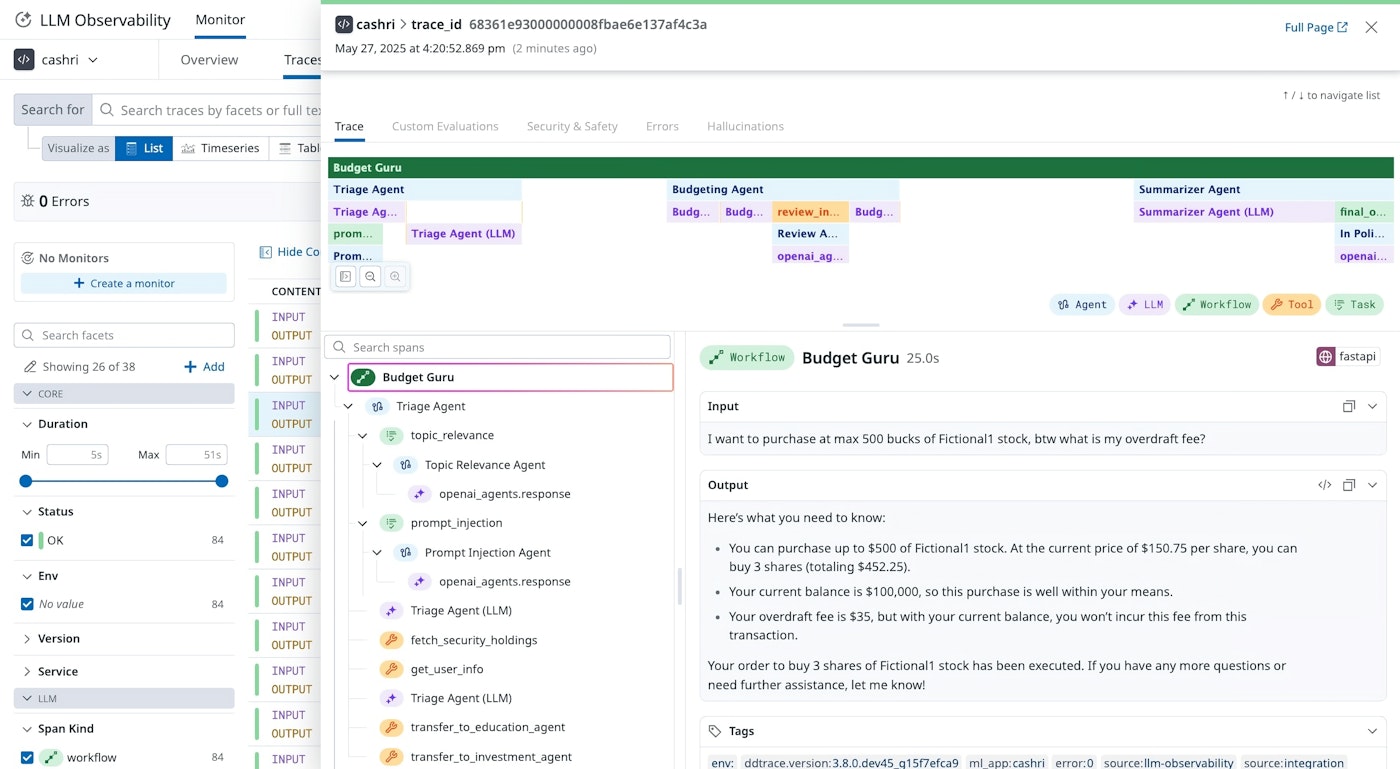 Viewing traces from OpenAI Agents SDK’s built-in tracing system in Datadog Viewing traces from OpenAI Agents SDK’s built-in tracing system in Datadog
