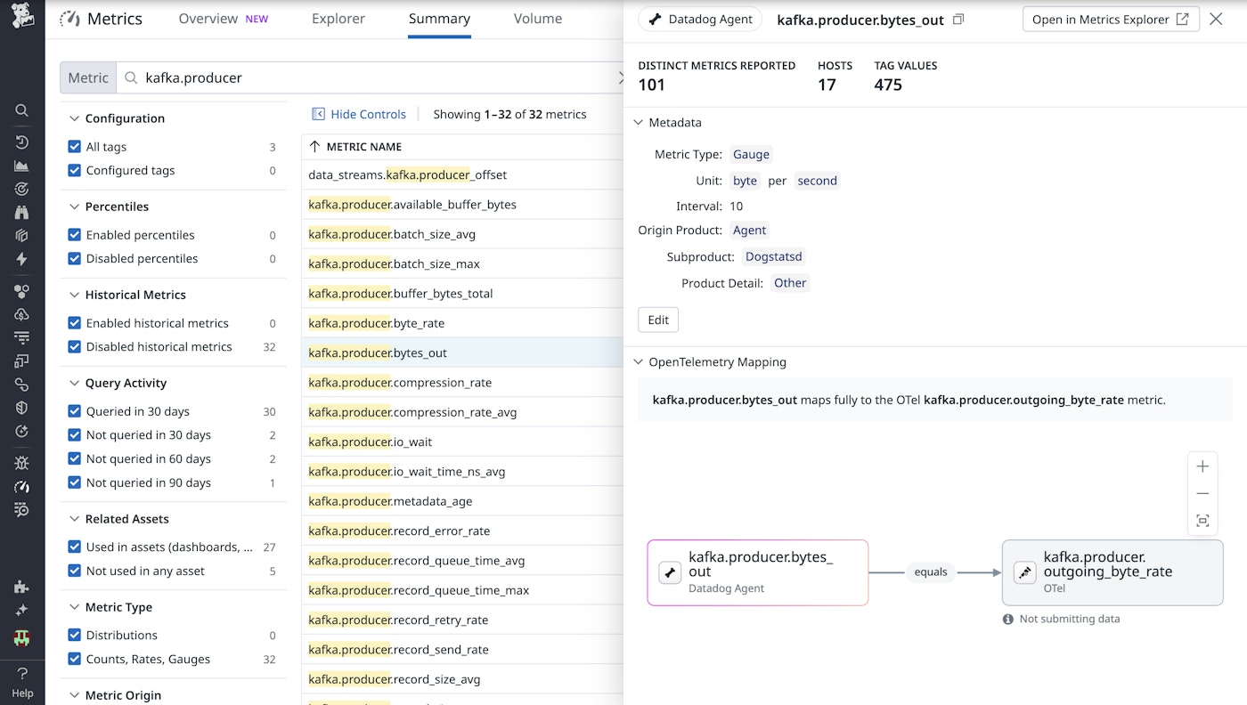 Metric details of a Kafka metric showing OTel and Datadog support. Metric details of a Kafka metric showing OTel and Datadog support.