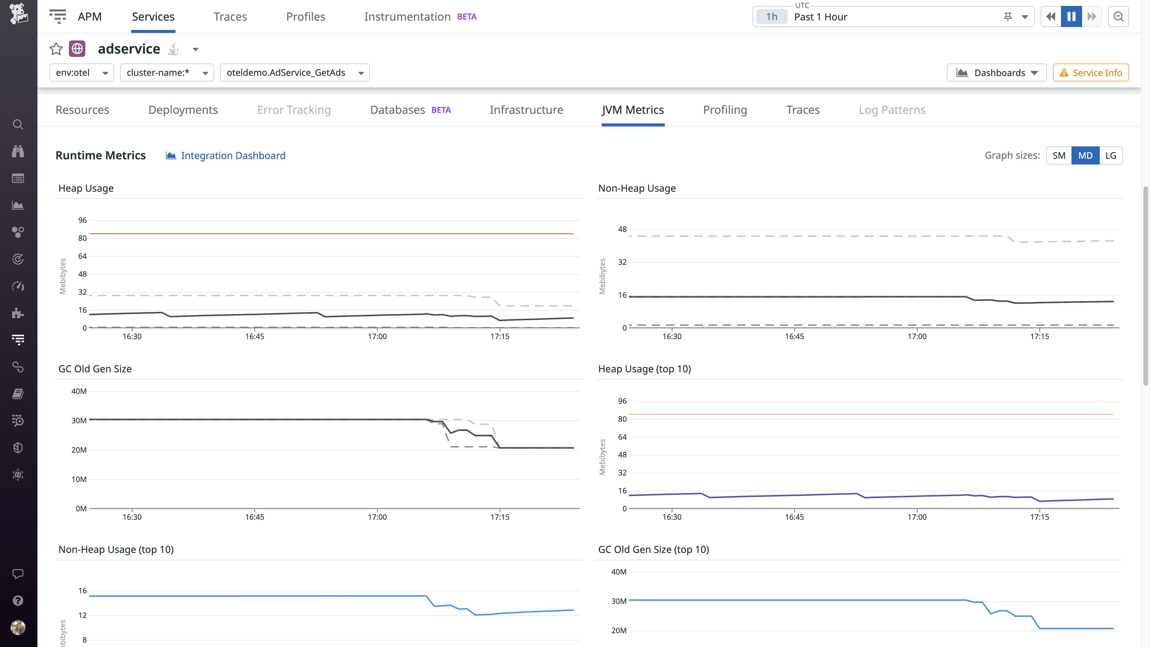 OTel runtime metrics are visible on Datadog APM service pages. OTel runtime metrics are visible on Datadog APM service pages.