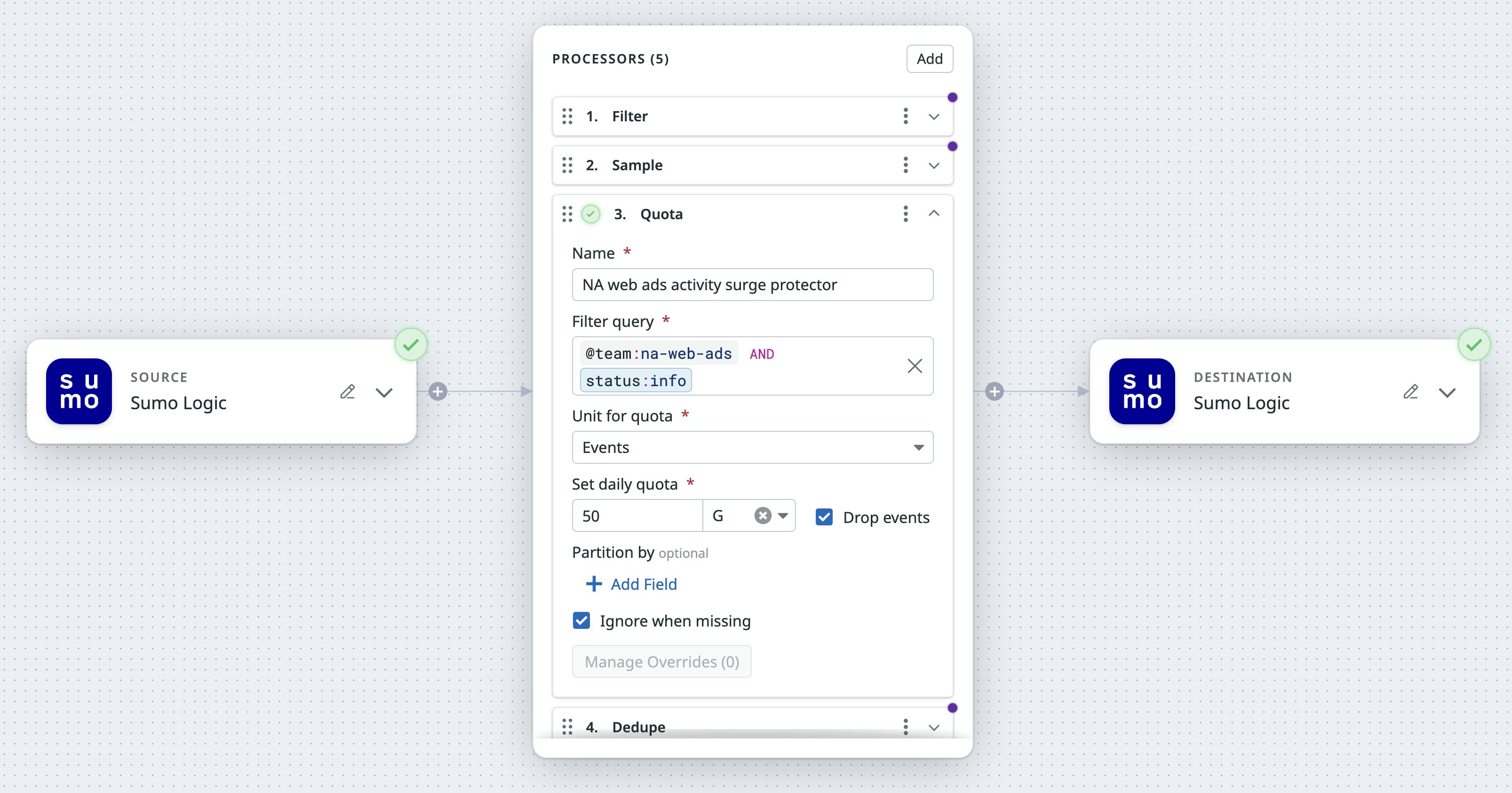 Setting up a rule-based quota with Datadog Observability Pipelines. Setting up a rule-based quota with Datadog Observability Pipelines.