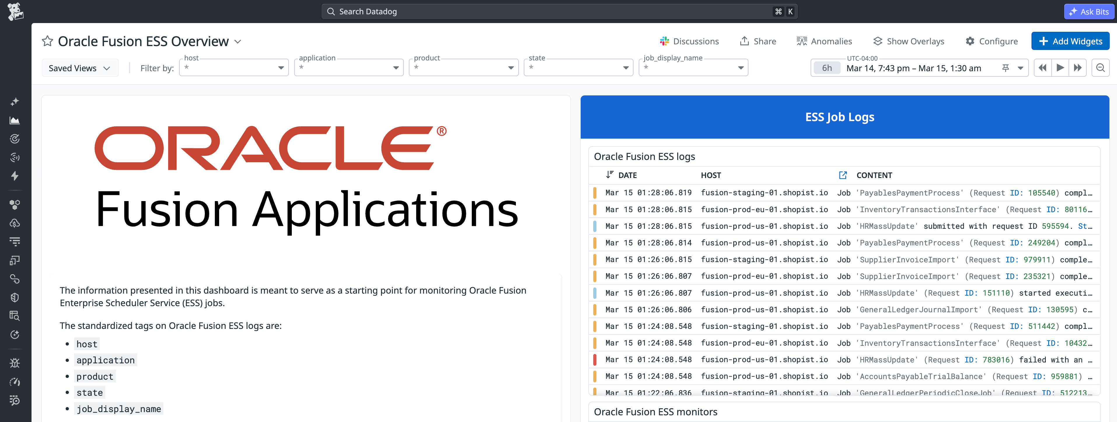 A Datadog dashboard displaying an overview of Oracle Fusion ESS job logs, including job name, type, request parameters, and submission timestamps. A Datadog dashboard displaying an overview of Oracle Fusion ESS job logs, including job name, type, request parameters, and submission timestamps.