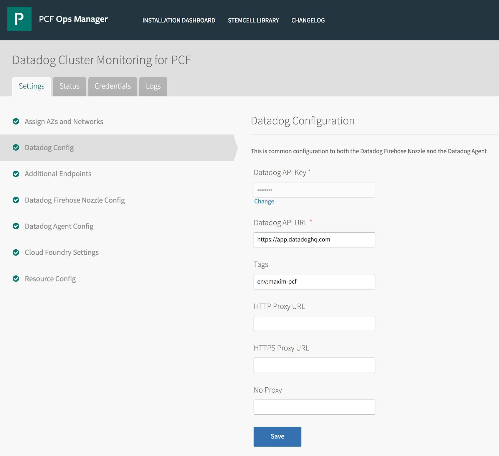 Datadog Pivotal Platform cluster monitoring config