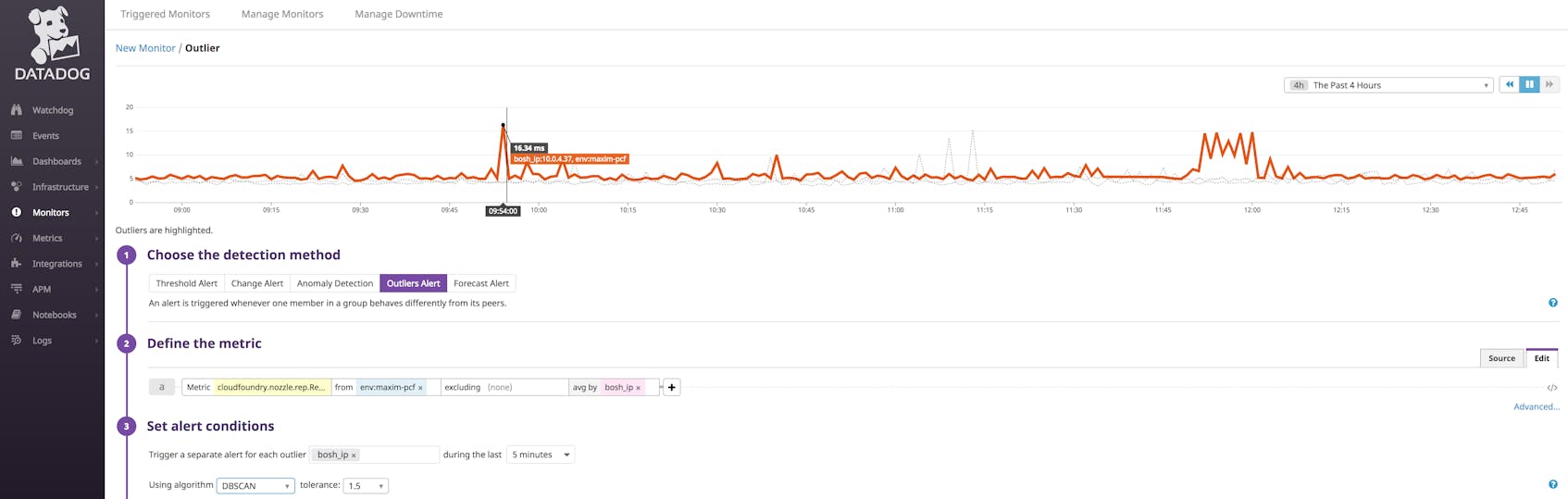 Outlier detection alert in Datadog